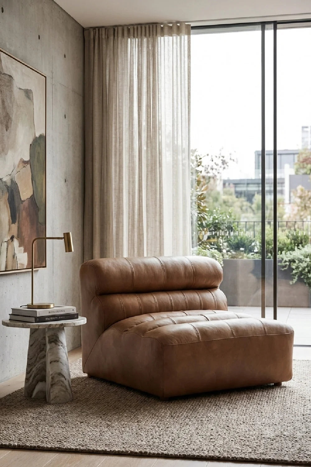 Luxury Ribbed Tan Leather Accent Chair European Style for Villa
