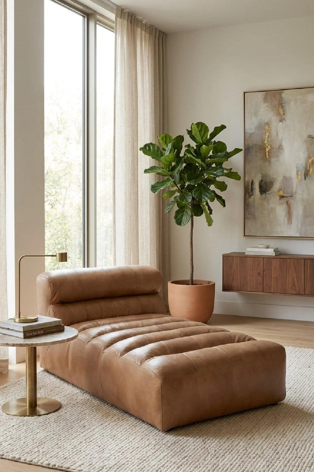 Luxury Ribbed Tan Leather Chaise Lounge Modern Italian Style for Villa