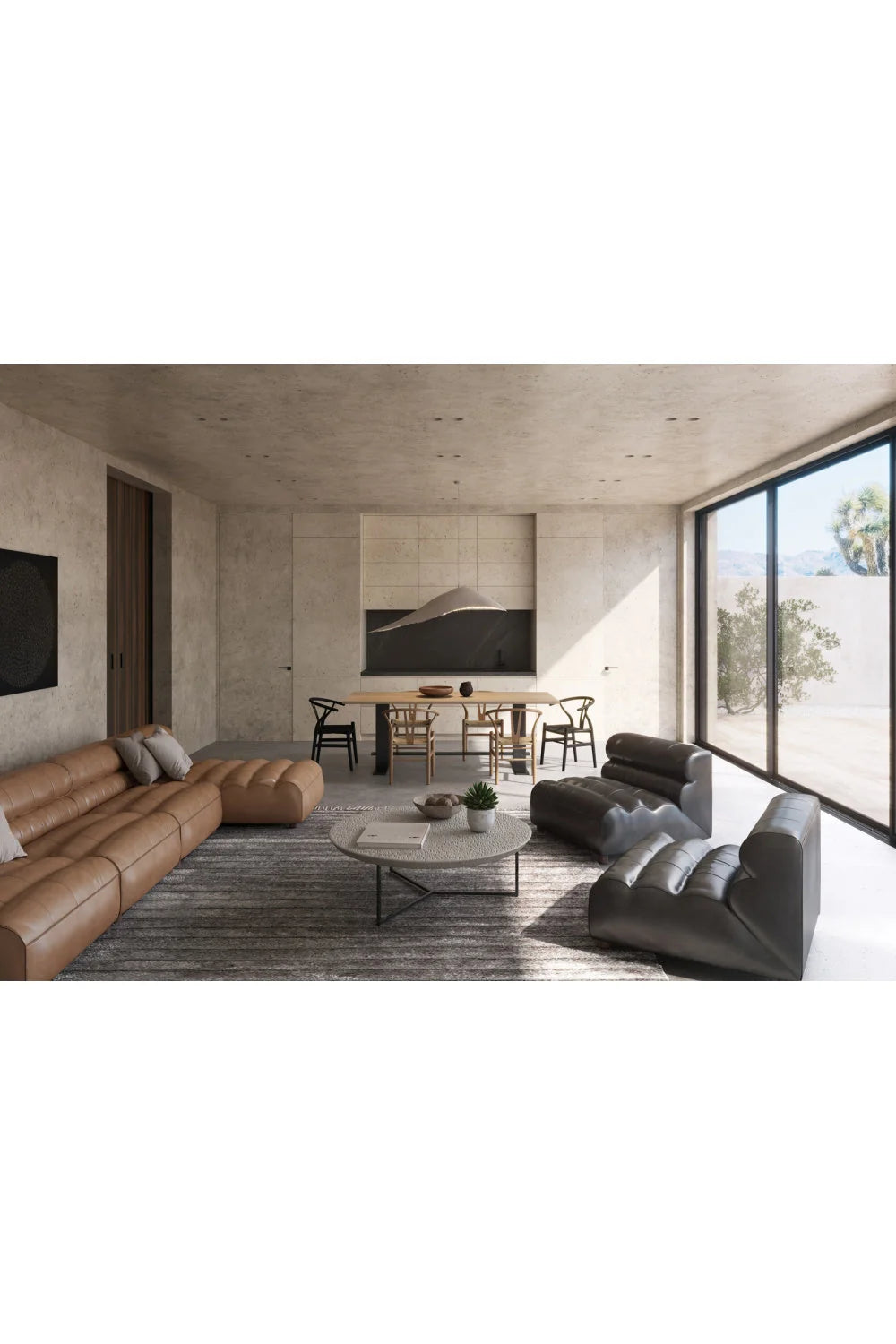 Luxury Ribbed Tan Leather Sectional Sofa Modern Italian Style for Villa