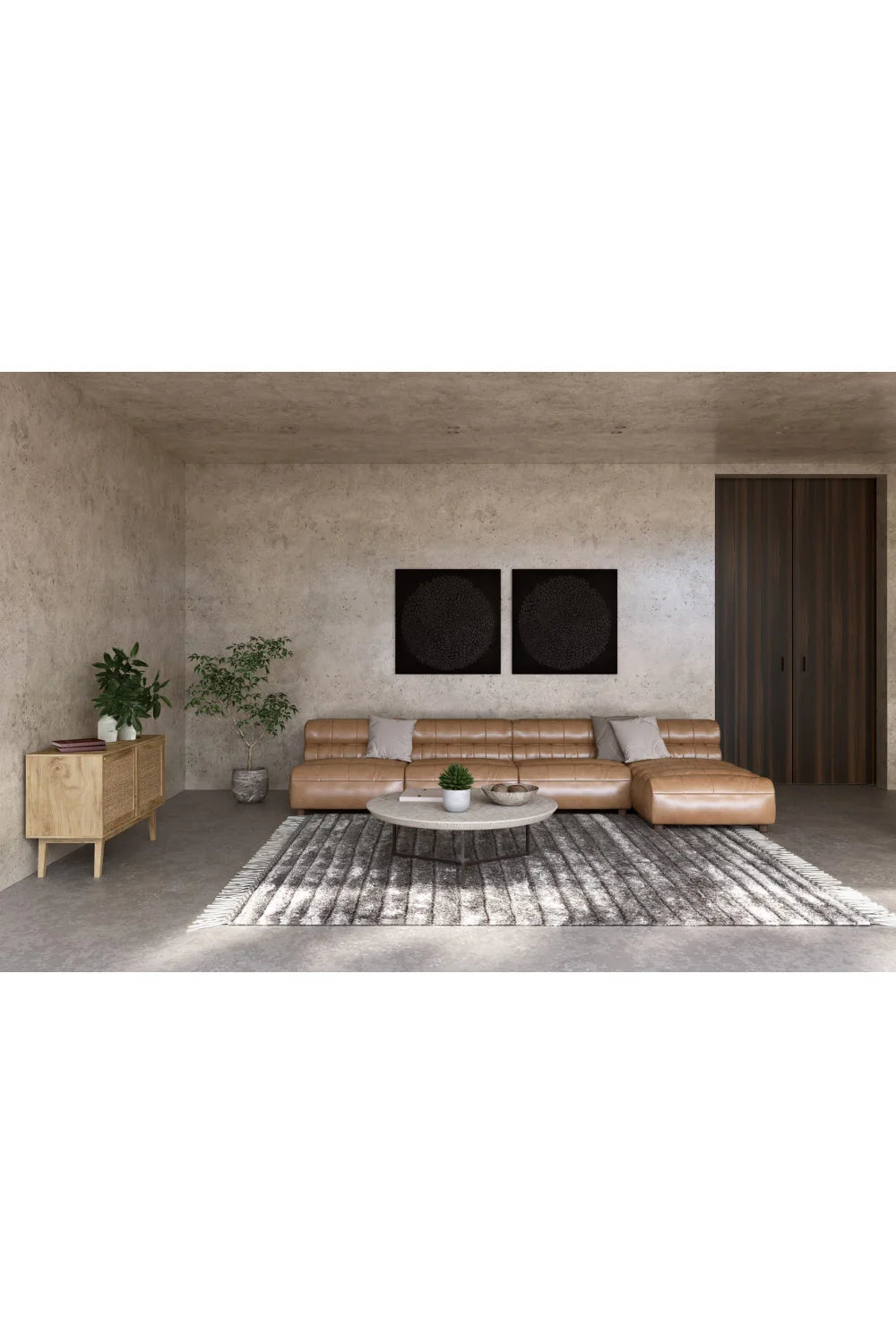 Luxury Ribbed Tan Leather Sectional Sofa Modern Italian Style for Villa