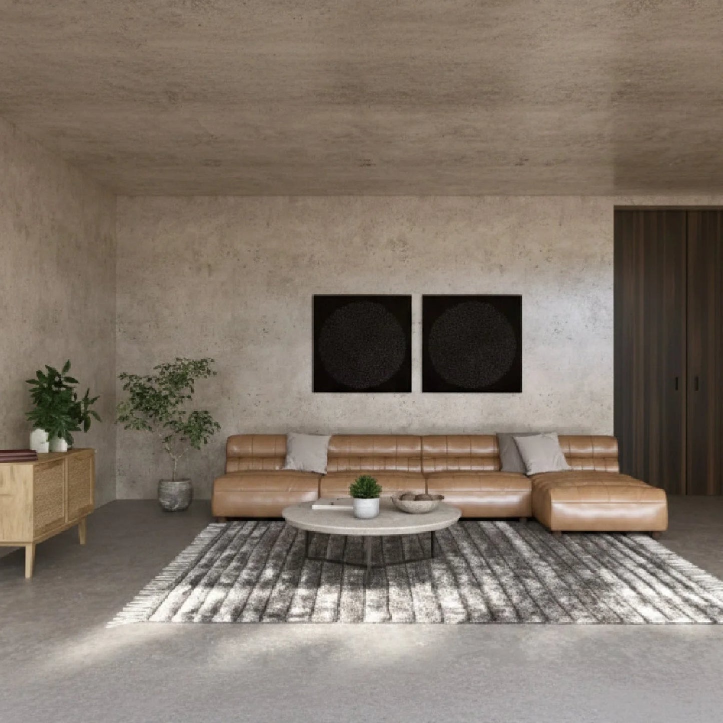 Luxury Ribbed Tan Leather Sectional Sofa Modern Italian Style for Villa