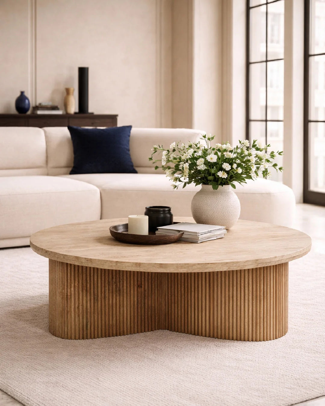 Luxury Ribbed Wood Marble Coffee Table Modern Italian Style for Villa