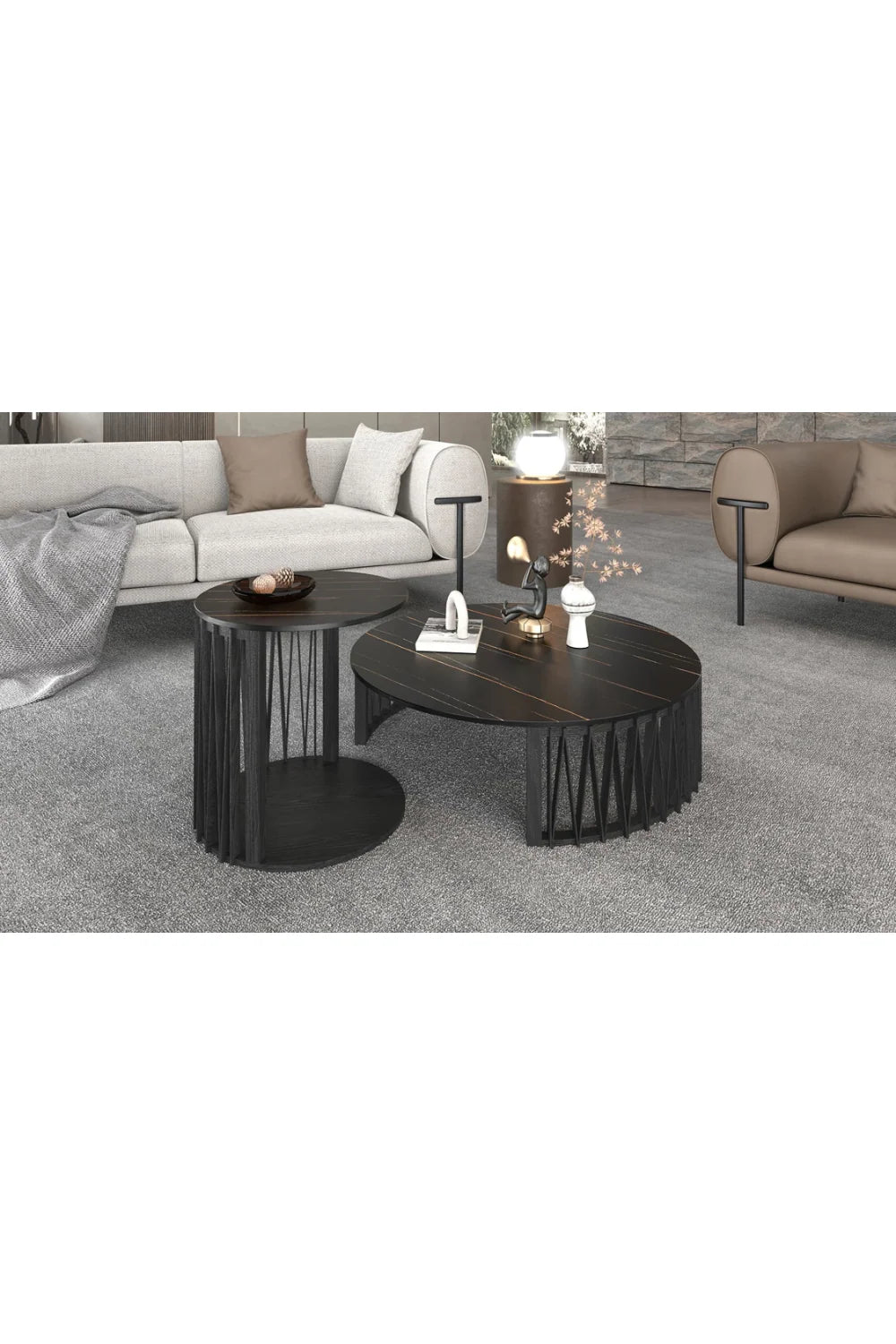 Luxury Round Black Ceramic Coffee Table Set Modern Italian Style for Villa