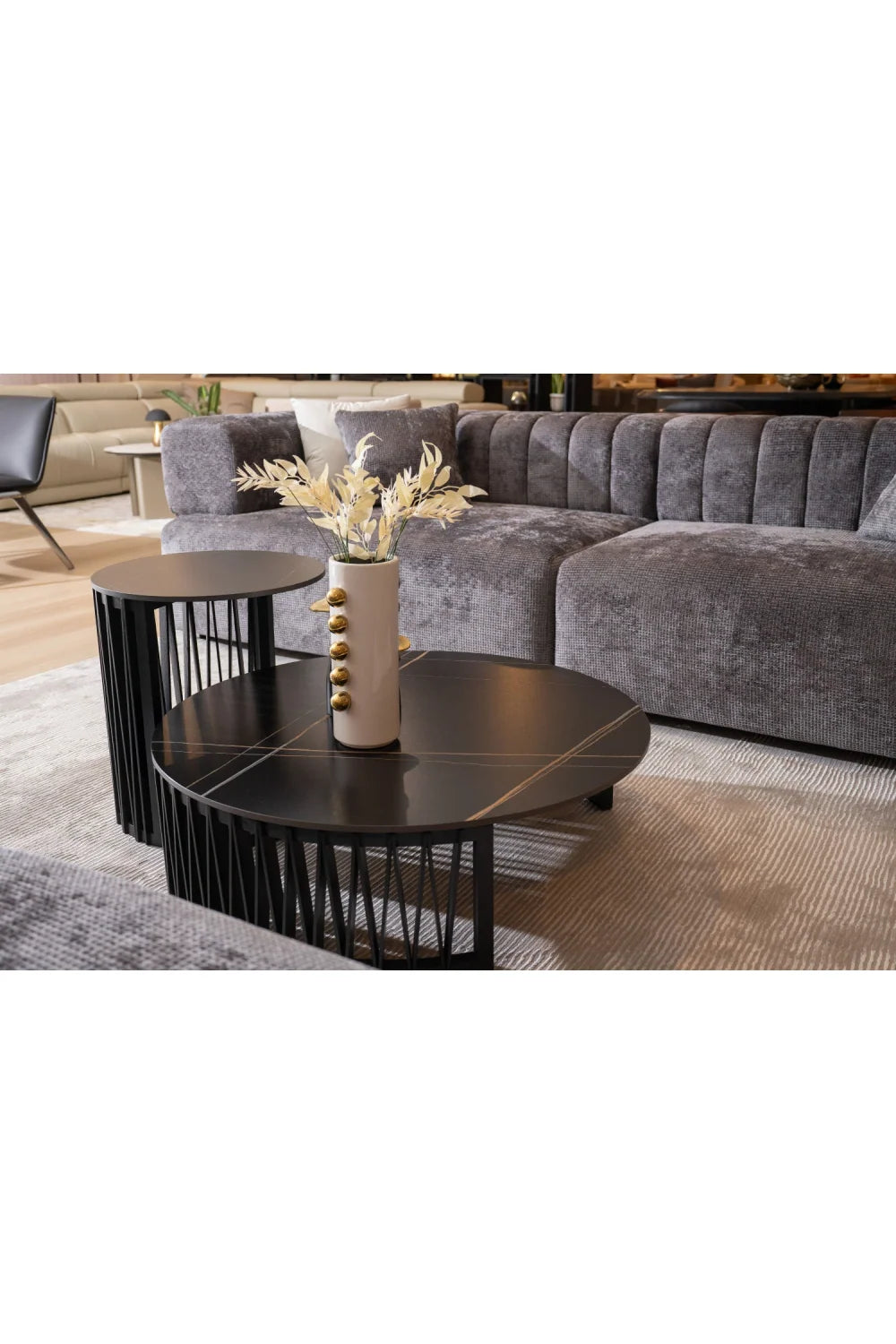 Luxury Round Black Ceramic Coffee Table Set Modern Italian Style for Villa