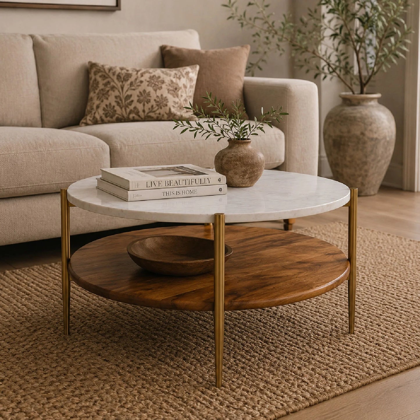 Luxury Round Brass Marble Coffee Table Modern Italian Style for Villa