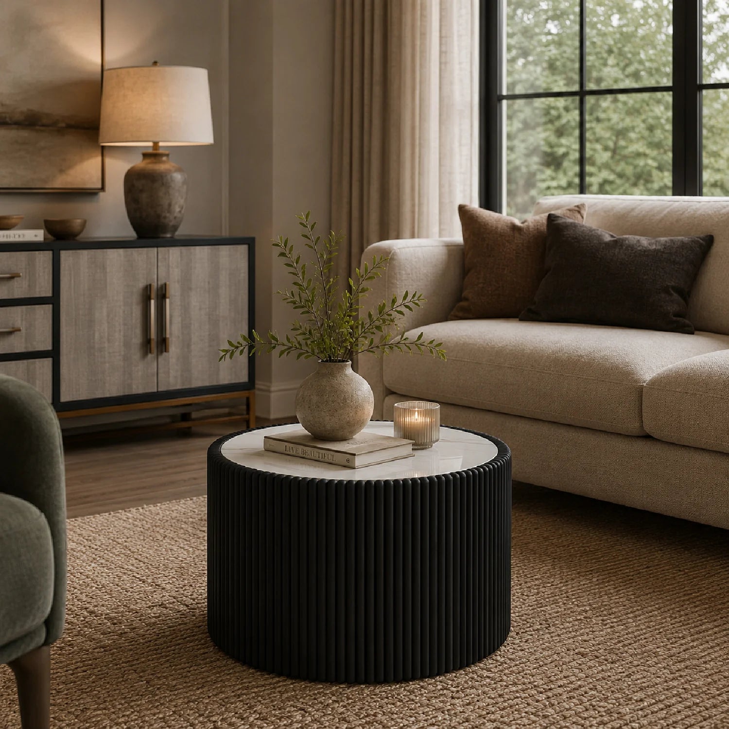 Luxury Round Fluted Sintered Stone Coffee Table Modern Italian Style for Villa