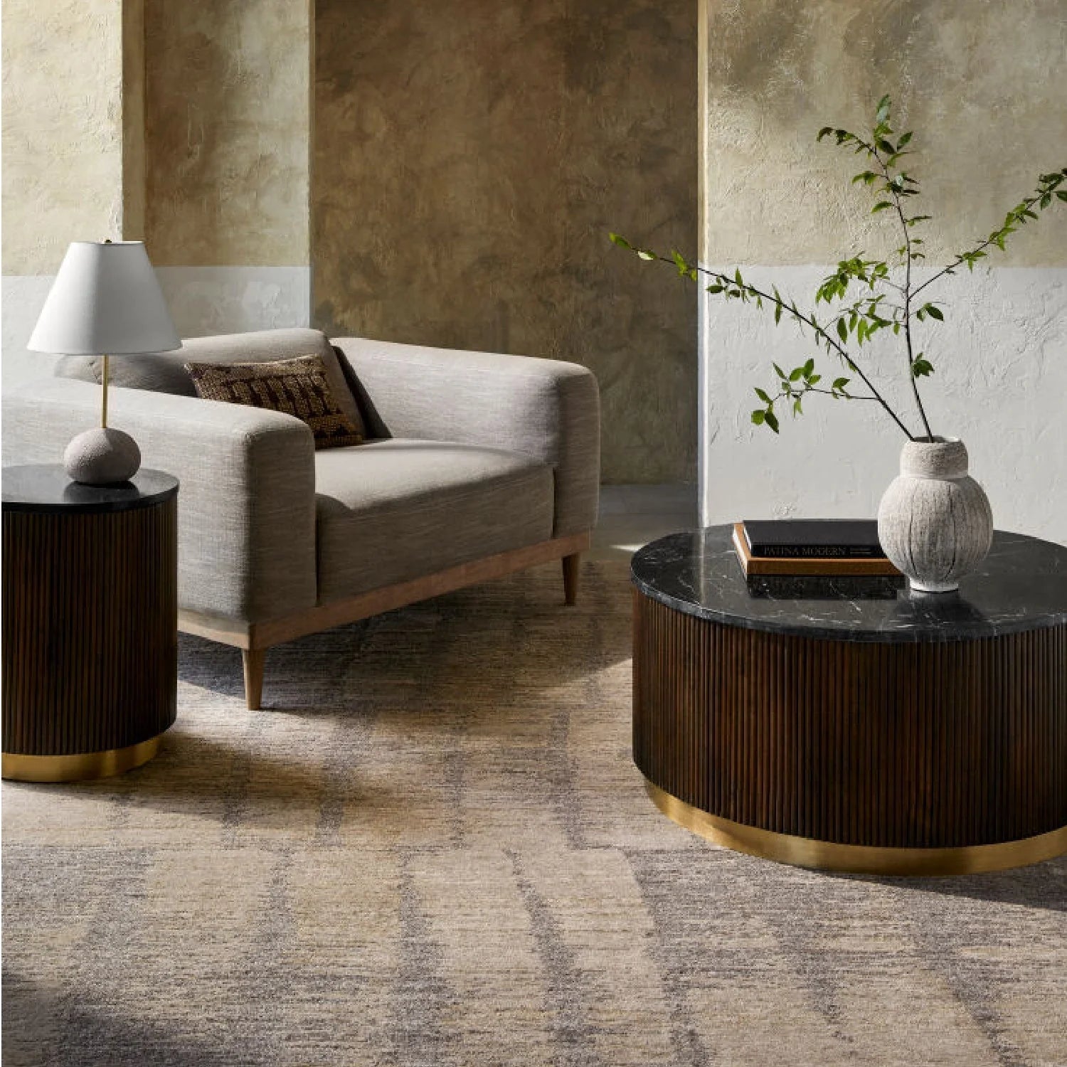 Luxury Round Fluted Wood Marble Coffee Table Modern Italian Style for Villa