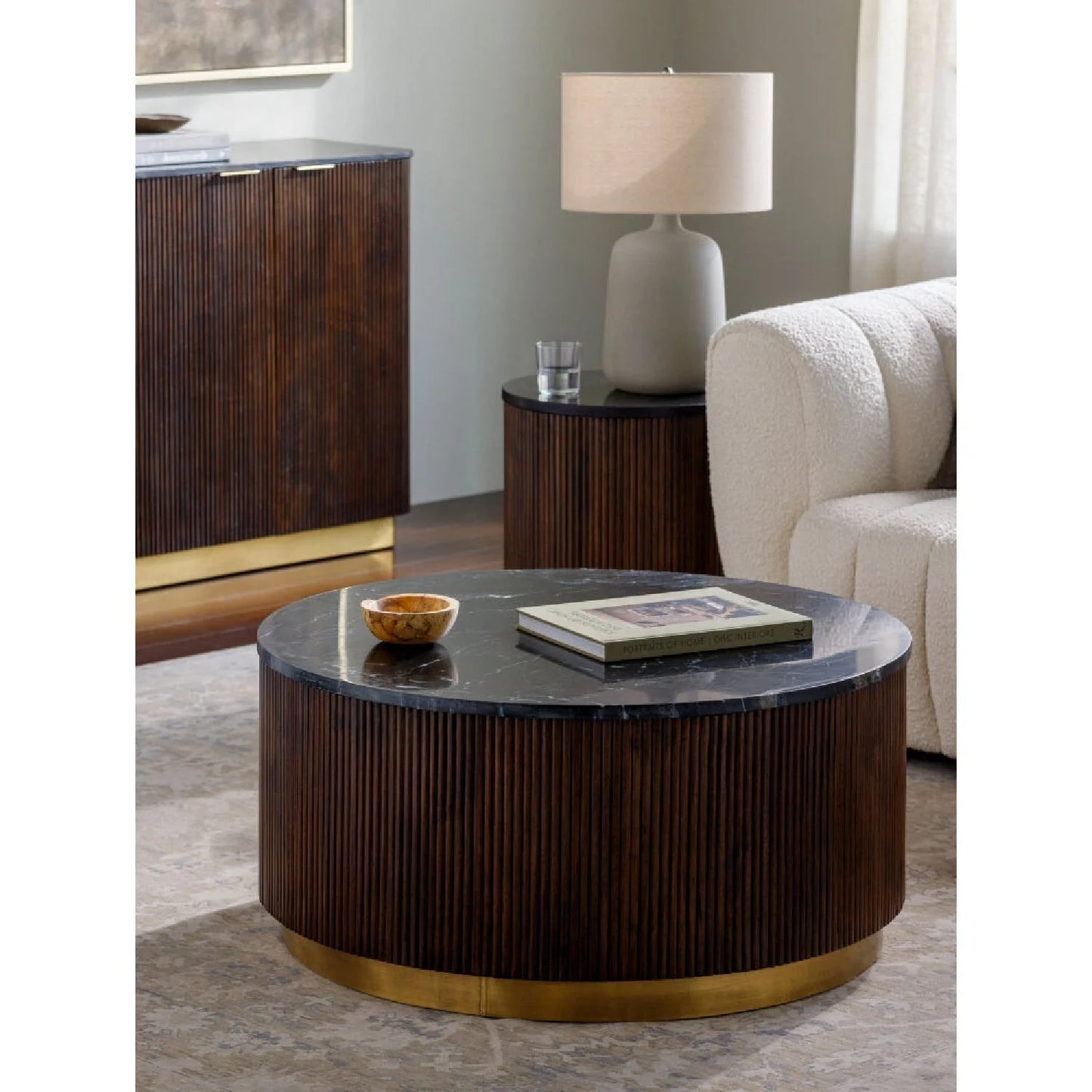Luxury Round Fluted Wood Marble Coffee Table Modern Italian Style for Villa
