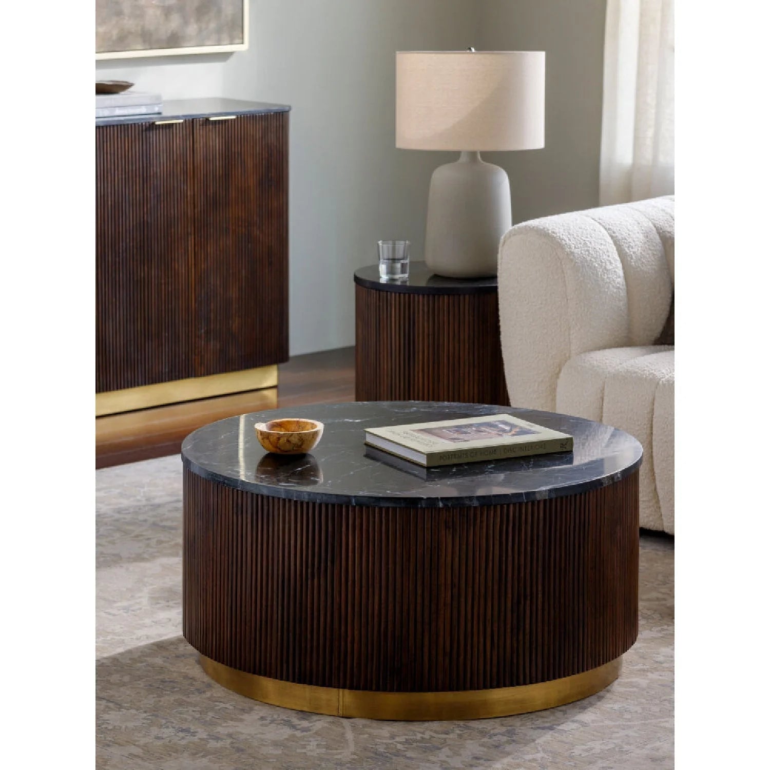 Luxury Round Fluted Wood Marble Coffee Table Modern Italian Style for Villa