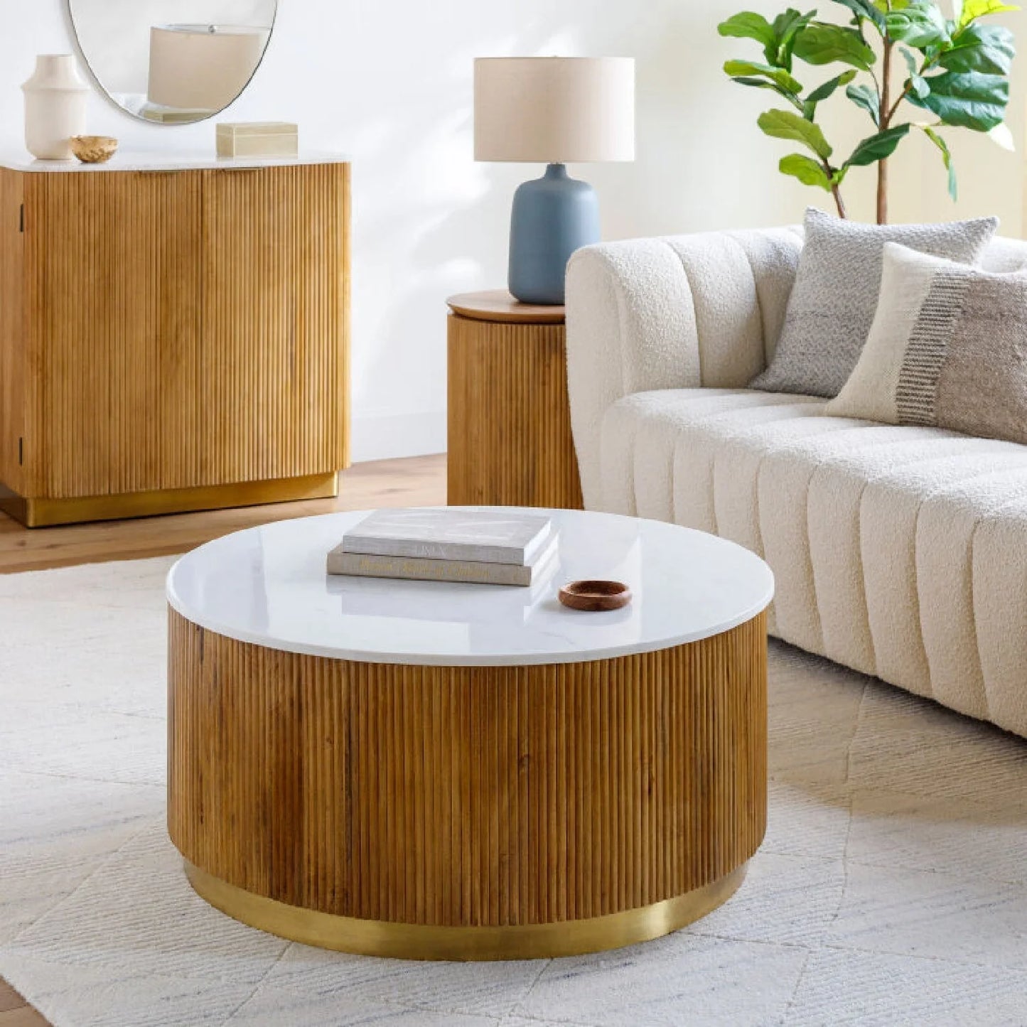 Luxury Round Fluted Wood Marble Coffee Table Modern Italian Style for Villa
