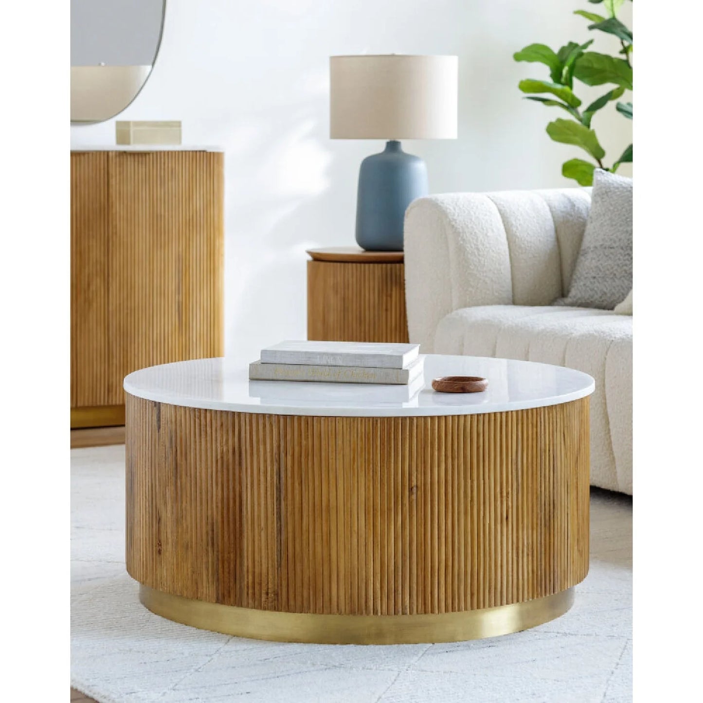 Luxury Round Fluted Wood Marble Coffee Table Modern Italian Style for Villa
