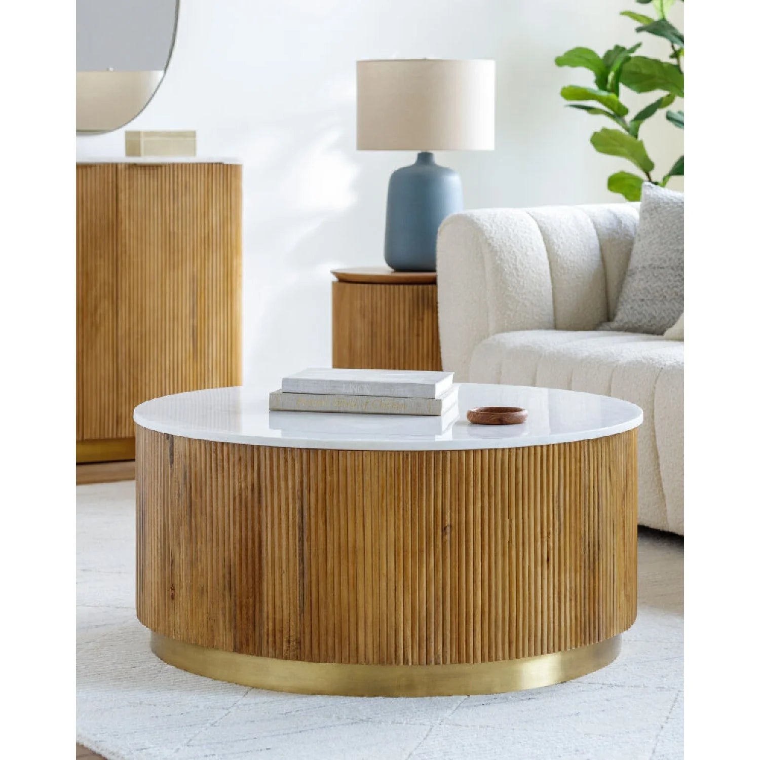 Luxury Round Fluted Wood Marble Coffee Table Modern Italian Style for Villa
