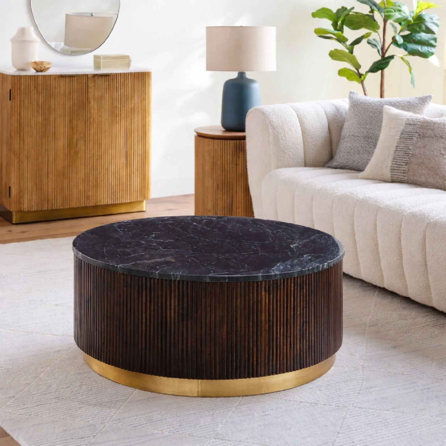 Luxury Round Fluted Wood Marble Coffee Table Modern Italian Style for Villa