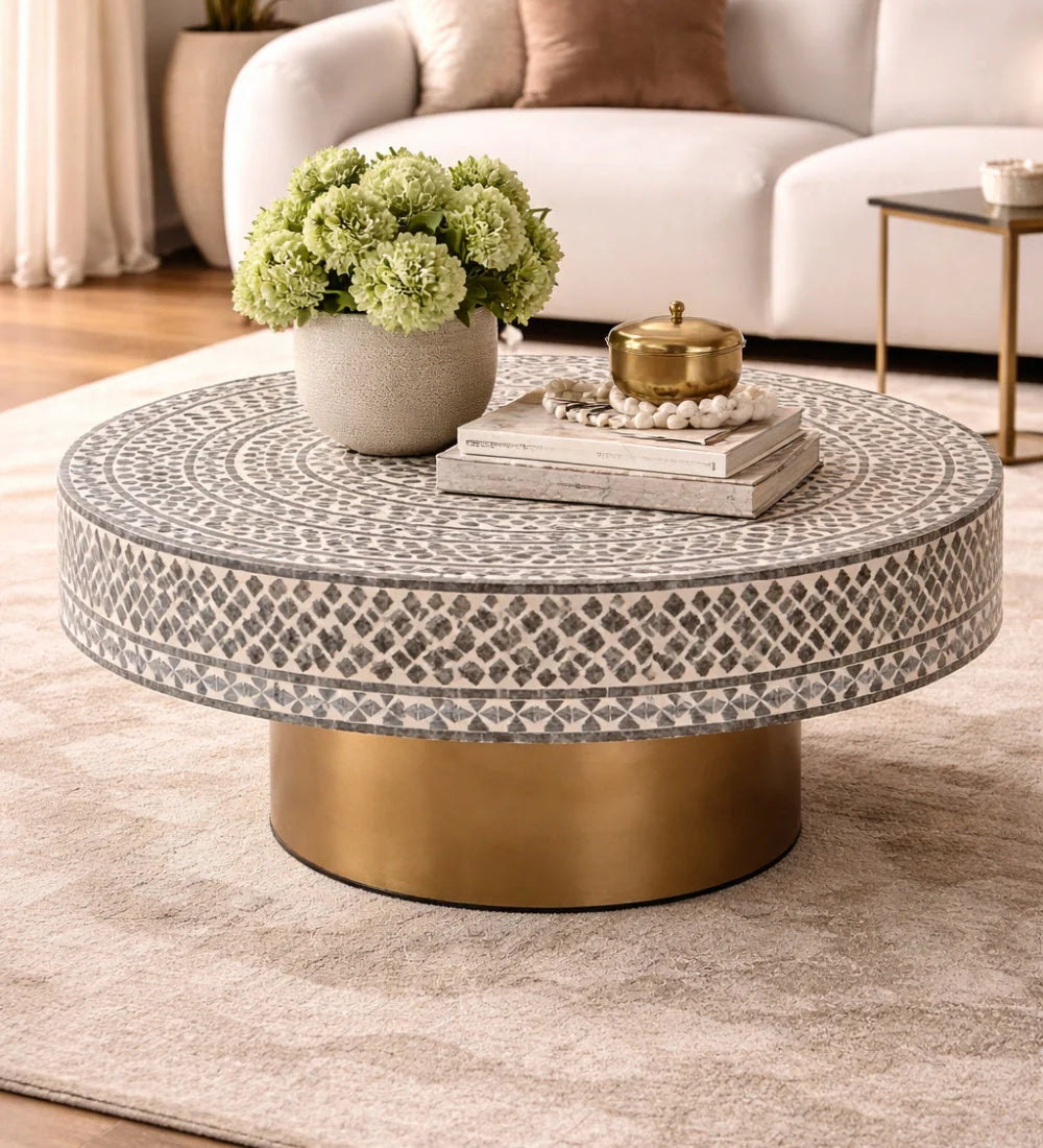 Luxury Round Mosaic Capiz Shell Coffee Table Modern Italian Style for Villa