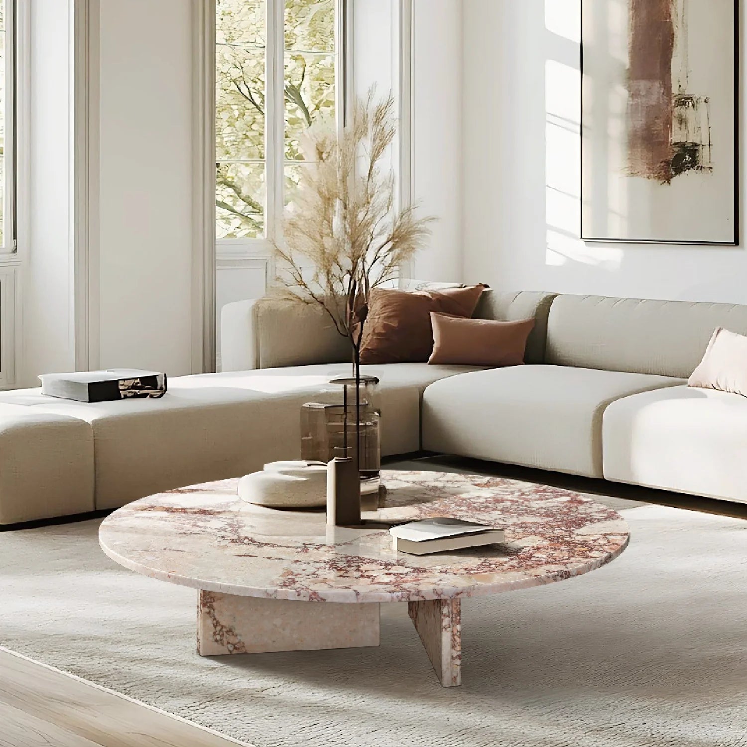 Luxury Round Pink Marble Coffee Table Modern Italian Style for Villa
