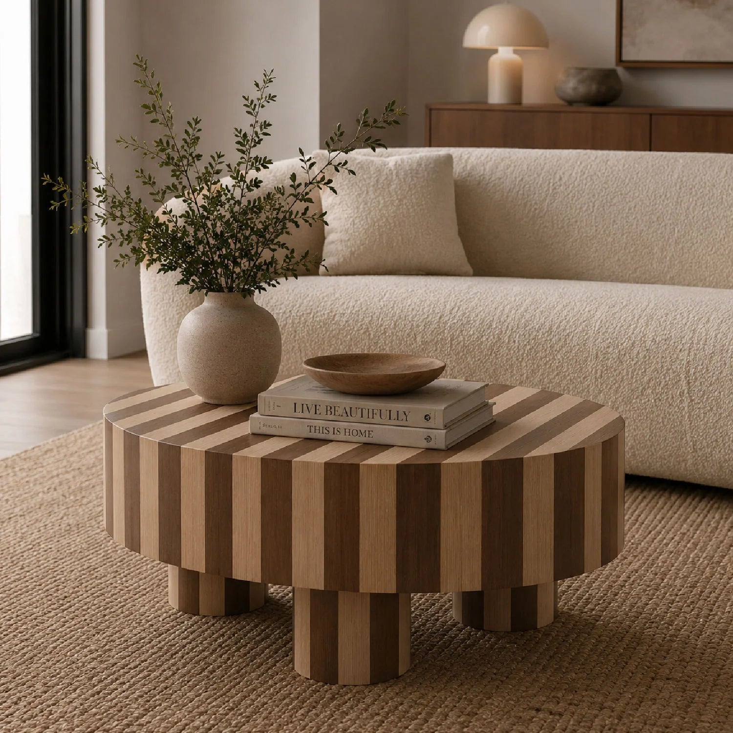 Luxury Round Striped Wood Coffee Table Modern Italian Style for Villa