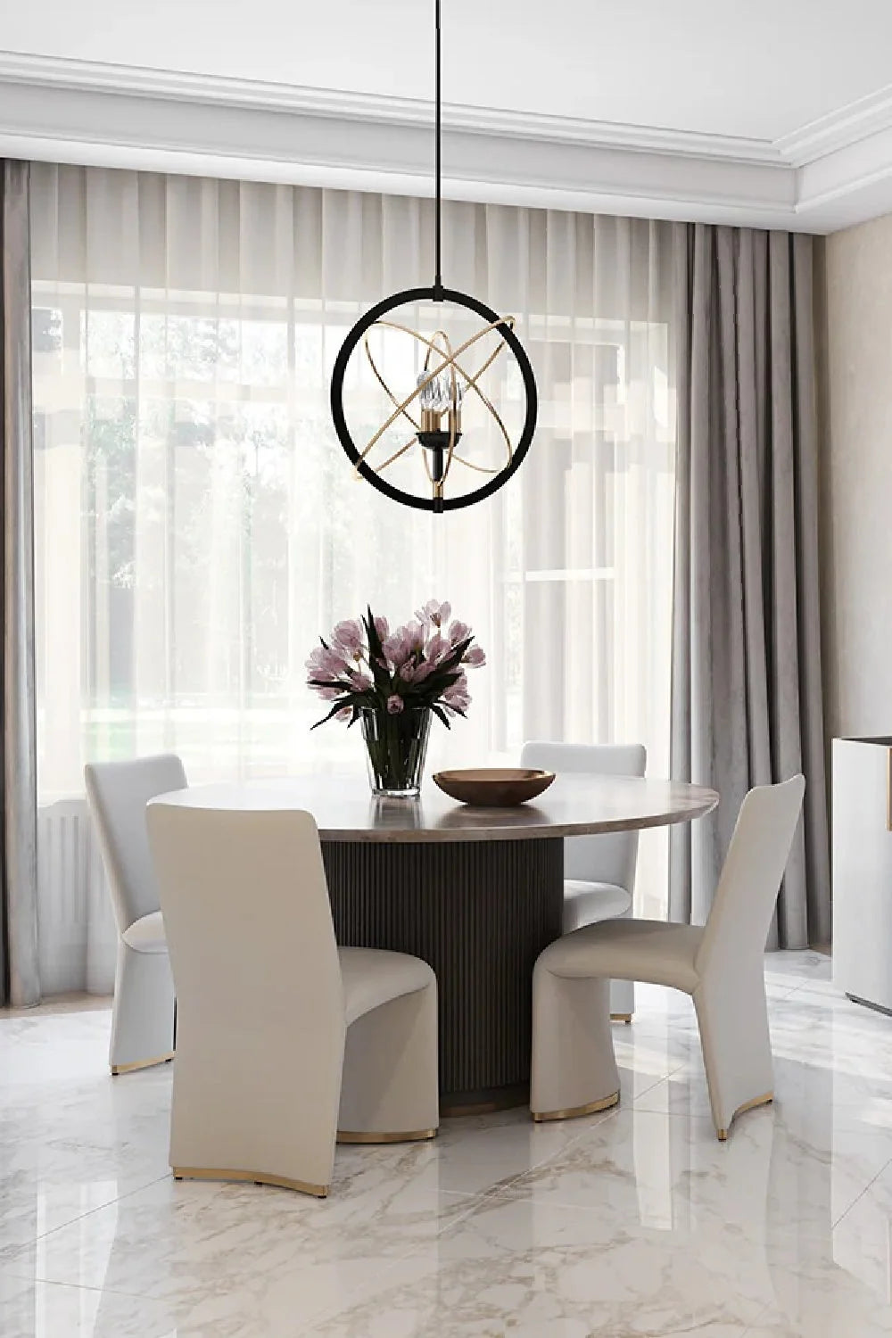 Luxury Round Taupe Leather Marble Dining Table Modern Italian Style for Villa