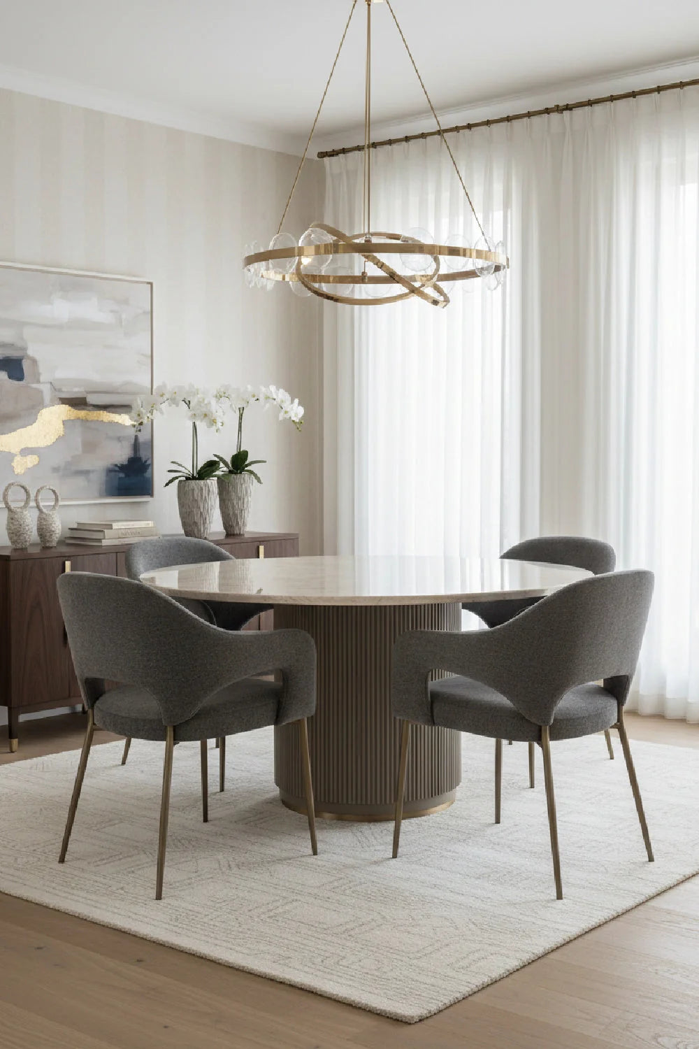 Luxury Round Taupe Leather Marble Dining Table Modern Italian Style for Villa