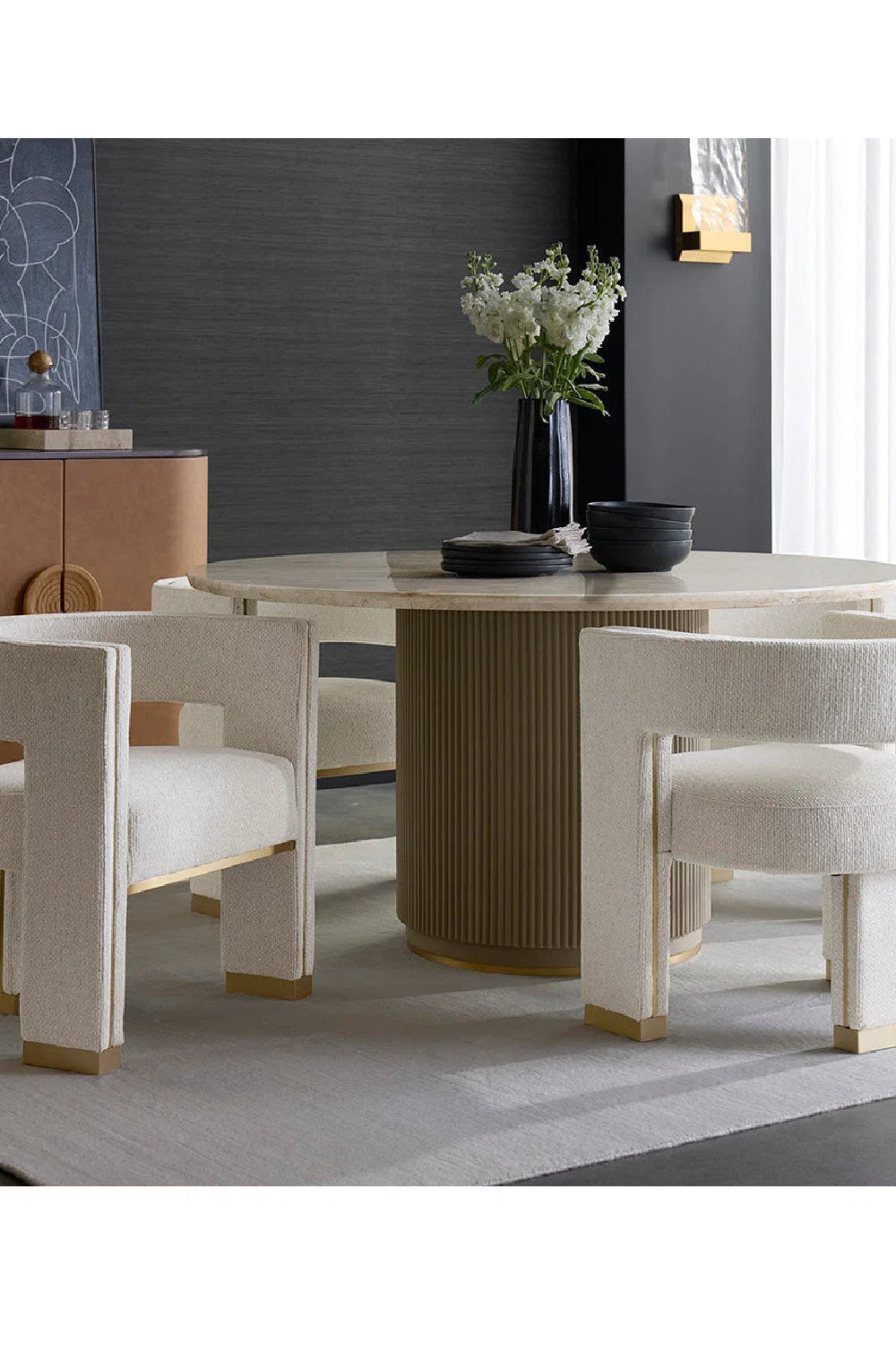 Luxury Round Taupe Leather Marble Dining Table Modern Italian Style for Villa