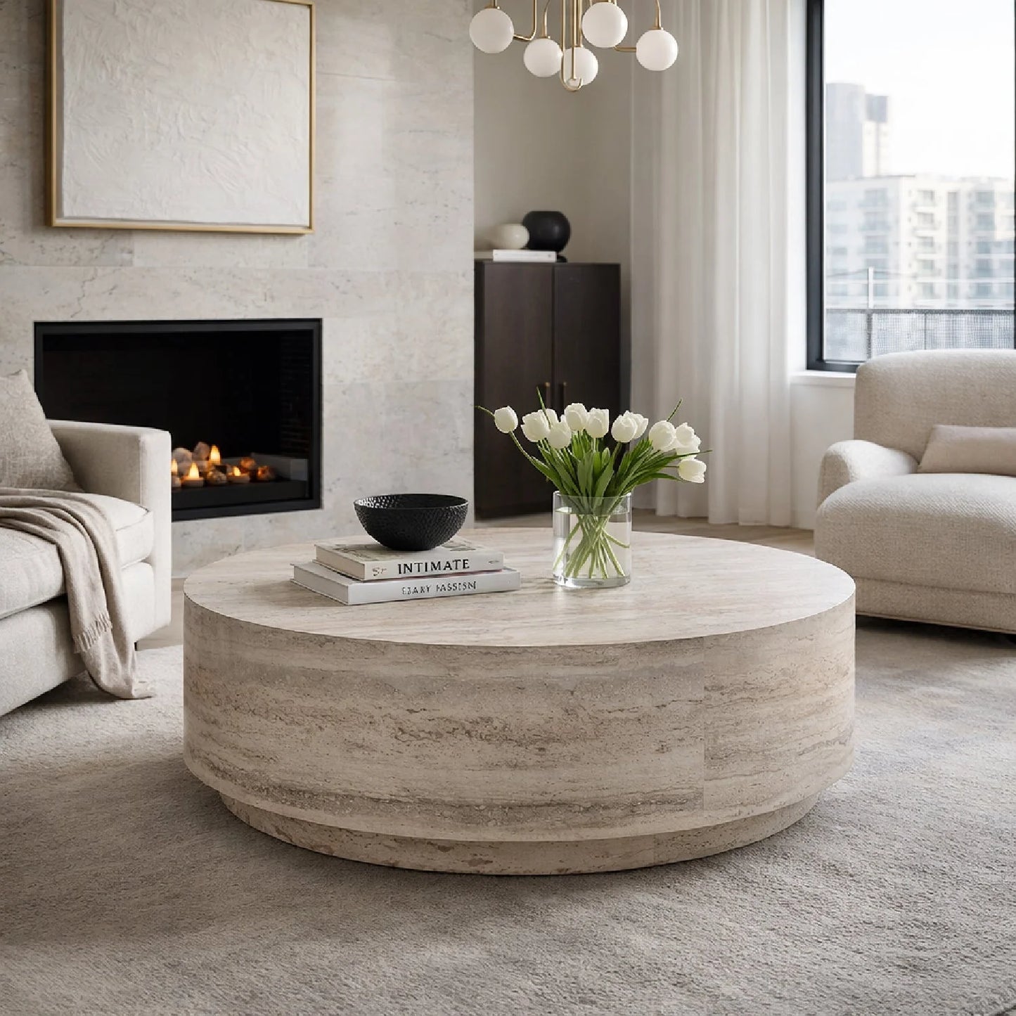 Luxury Round Travertine Coffee Table Modern Italian Style for Villa