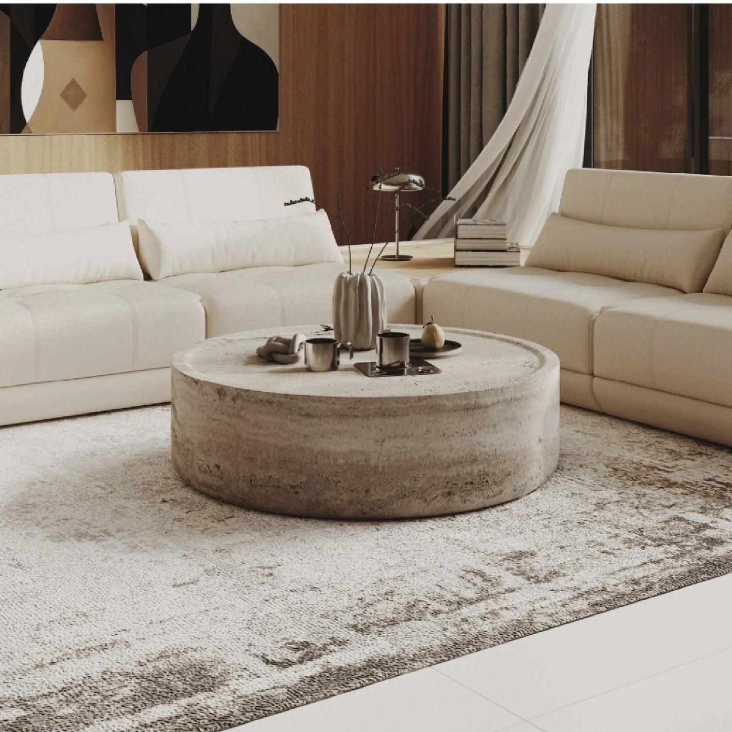 Luxury Round Travertine Coffee Table Modern Italian Style for Villa