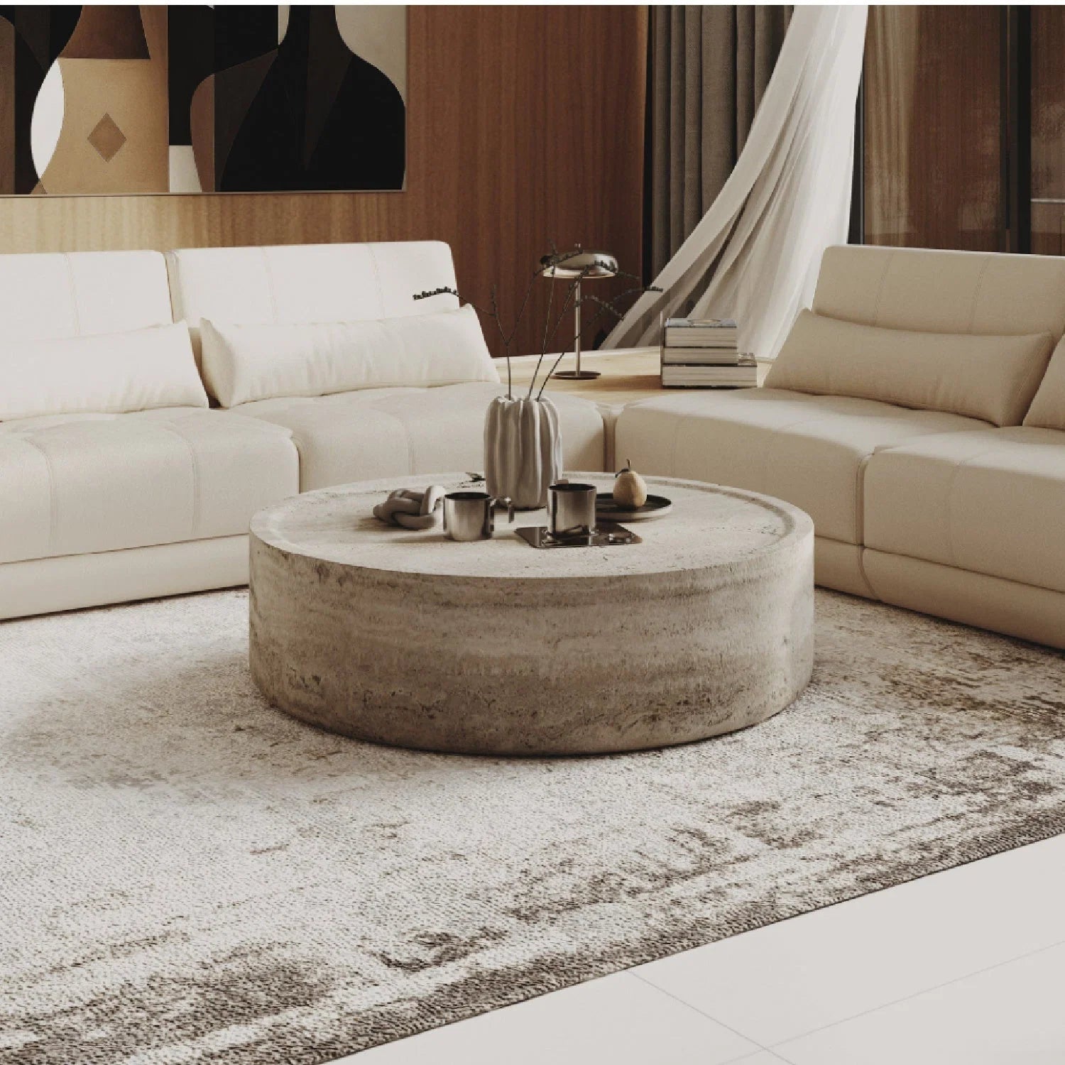 Luxury Round Travertine Coffee Table Modern Italian Style for Villa