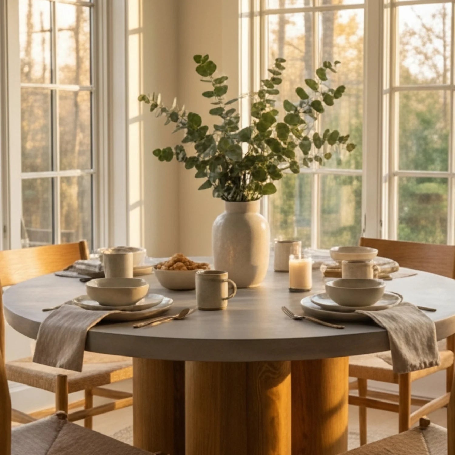 Luxury Round Walnut Veneer Dining Table Modern Italian Style for Villa
