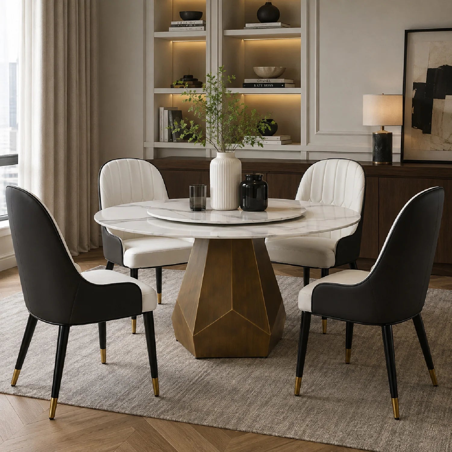 Luxury Round White Marble Dining Table Set Modern Italian Style for Villa