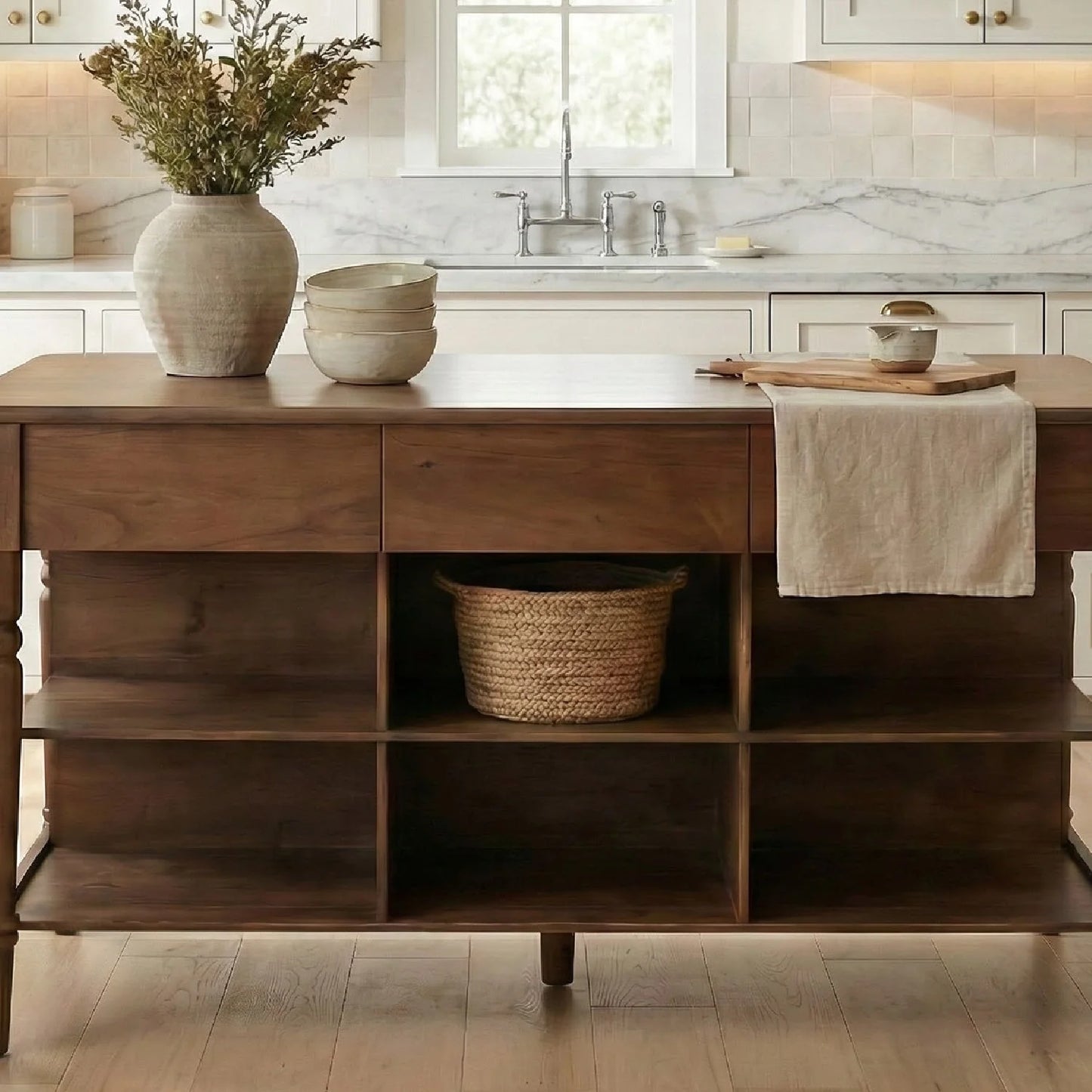 Luxury Russet Acacia Wood 3-Drawer Kitchen Island European Style for Villa