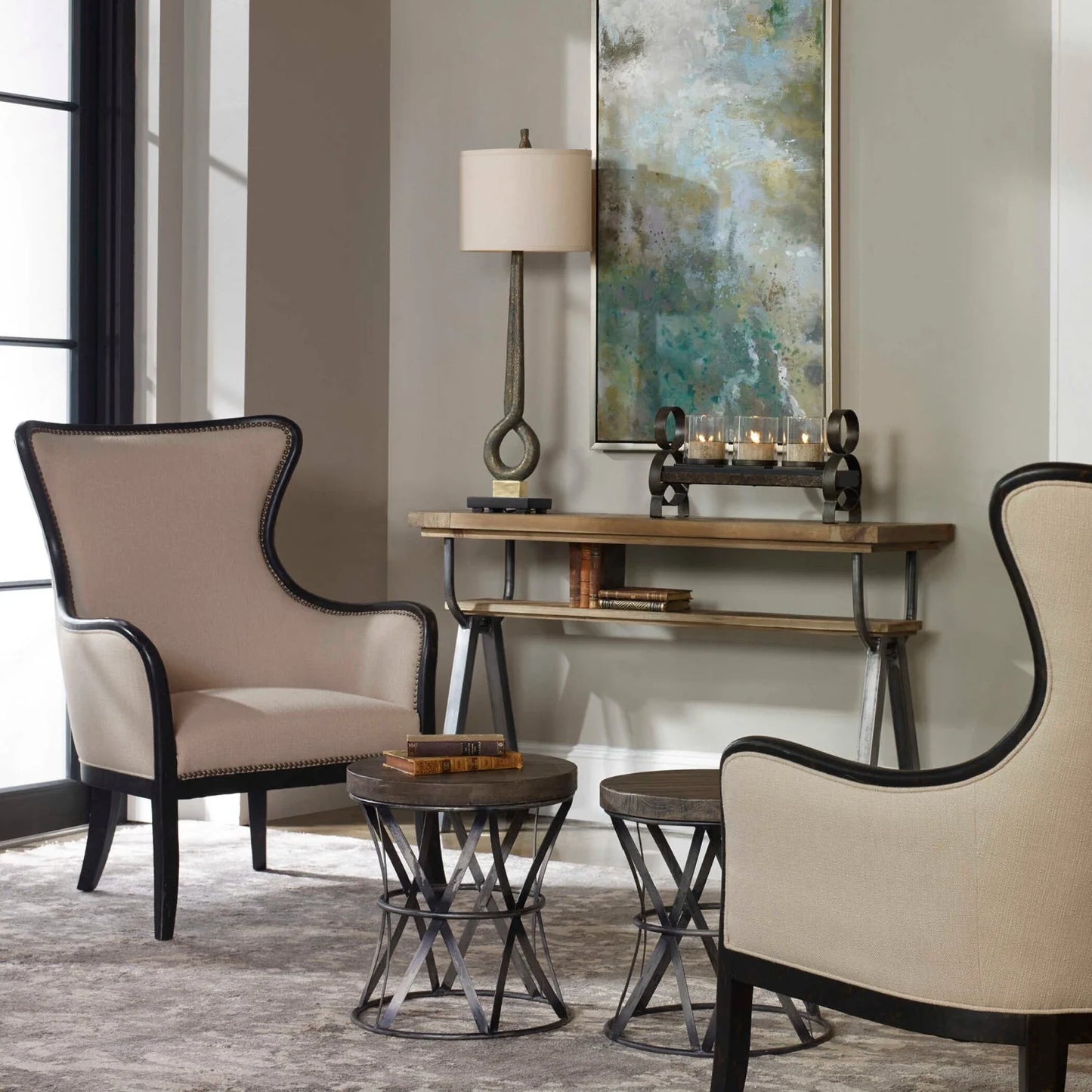 Luxury Sandy Nail Trimmed Wingback Lounge Chair Modern Italian Style for Villa