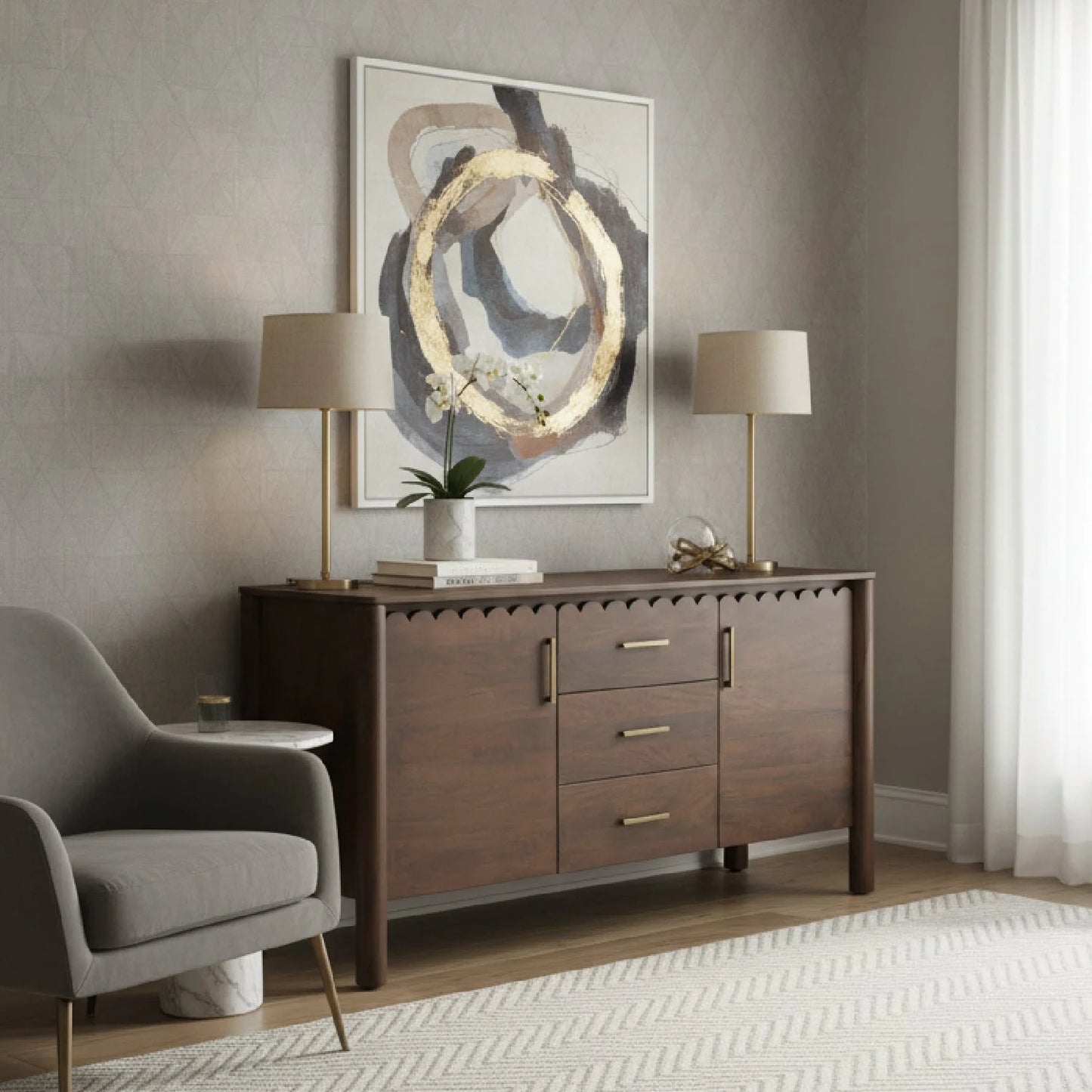 Luxury Scalloped Edge 3-Drawer Sideboard European Style for Villa