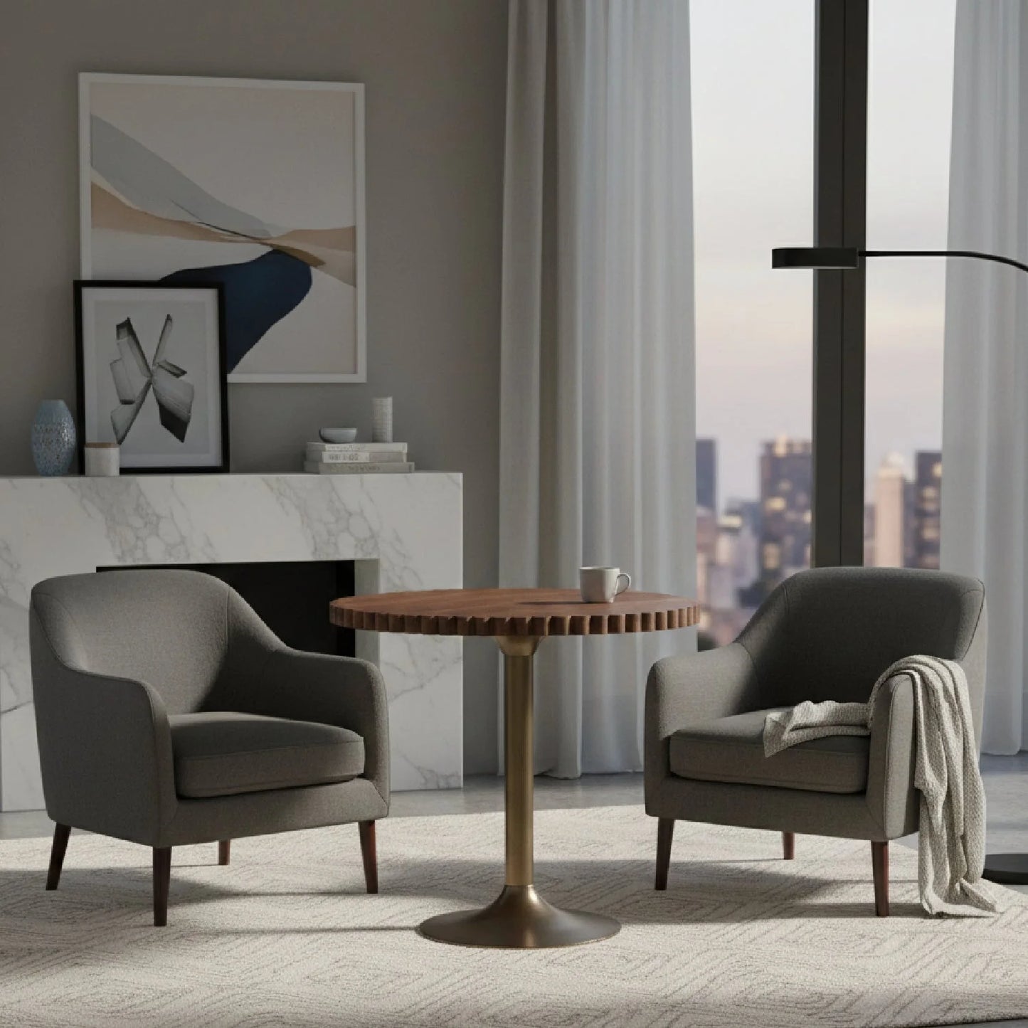 Luxury Scalloped Oak Pedestal Coffee Table Modern Italian Style for Villa