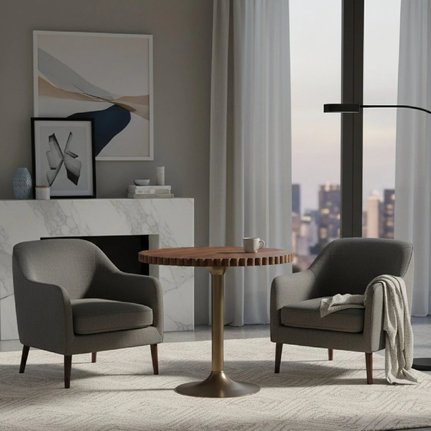 Luxury Scalloped Oak Pedestal Coffee Table Modern Italian Style for Villa