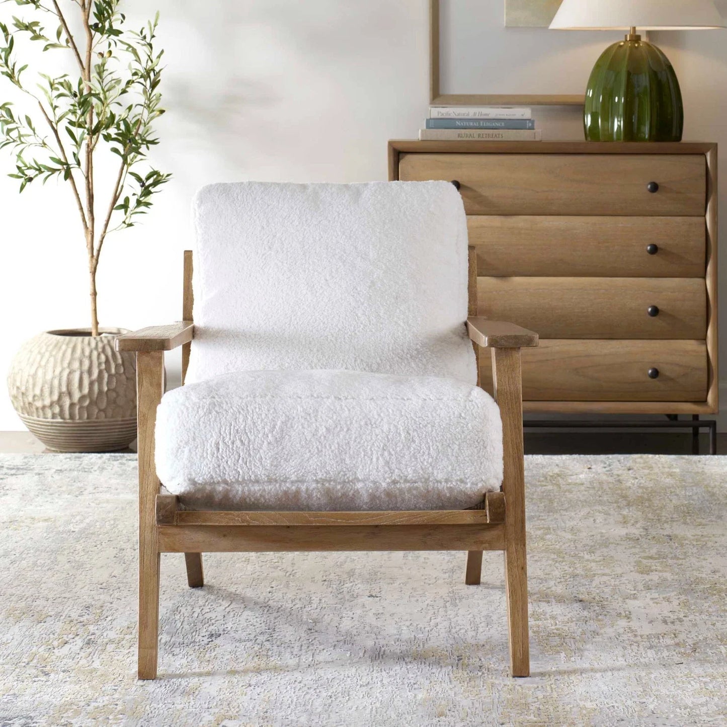 Luxury Sheepskin Cushioned Wooden Lounge Chair European Style for Villa