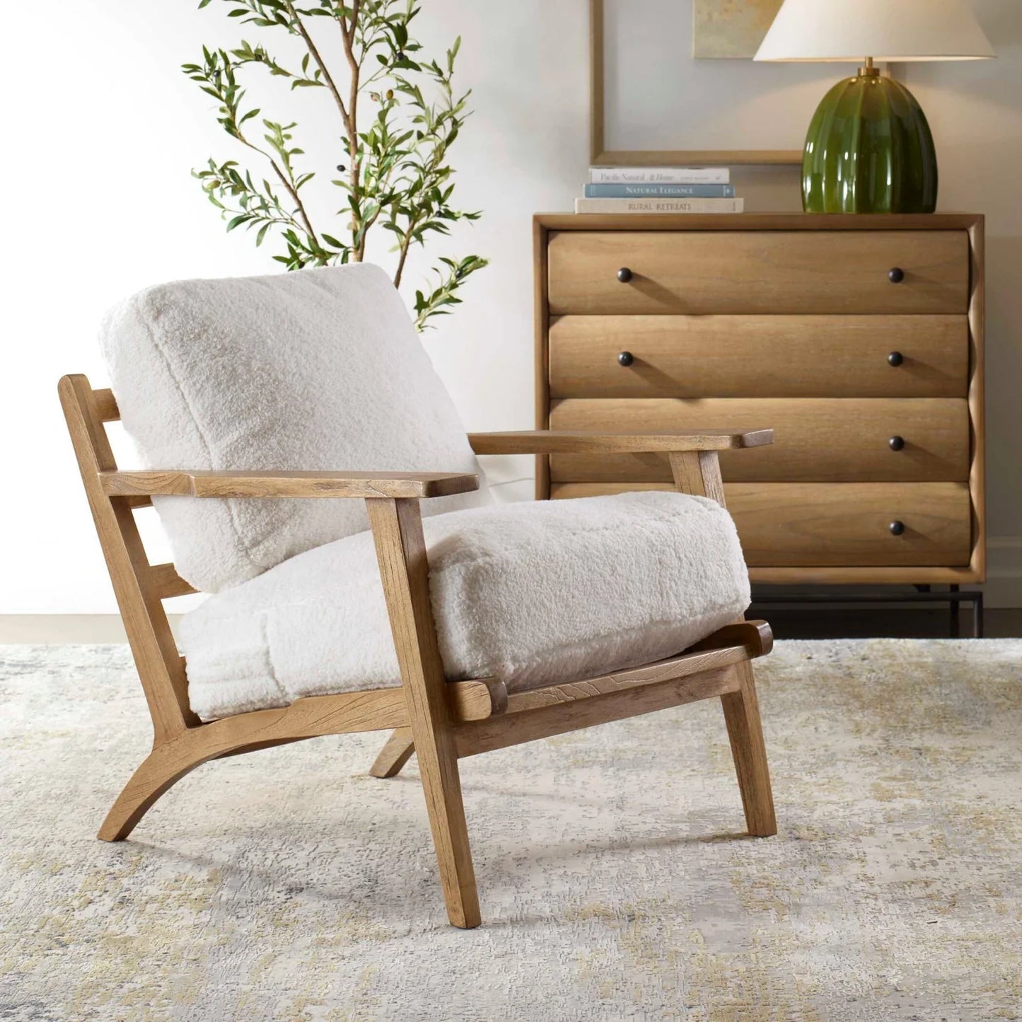 Luxury Sheepskin Cushioned Wooden Lounge Chair European Style for Villa