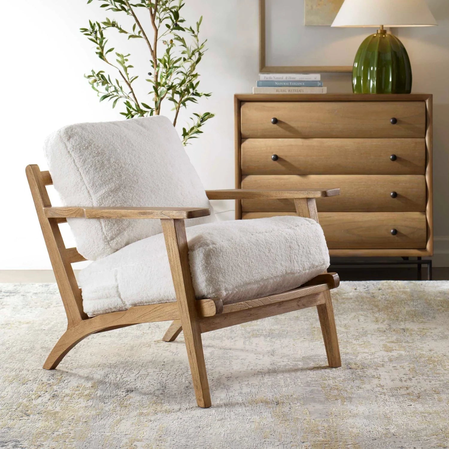 Luxury Sheepskin Cushioned Wooden Lounge Chair European Style for Villa