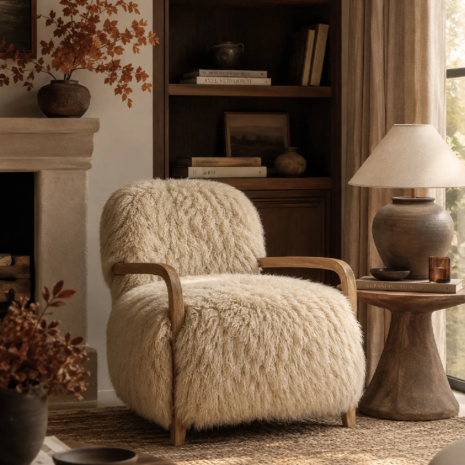 Luxury Sheepskin Oak Accent Chair European Style for Villa