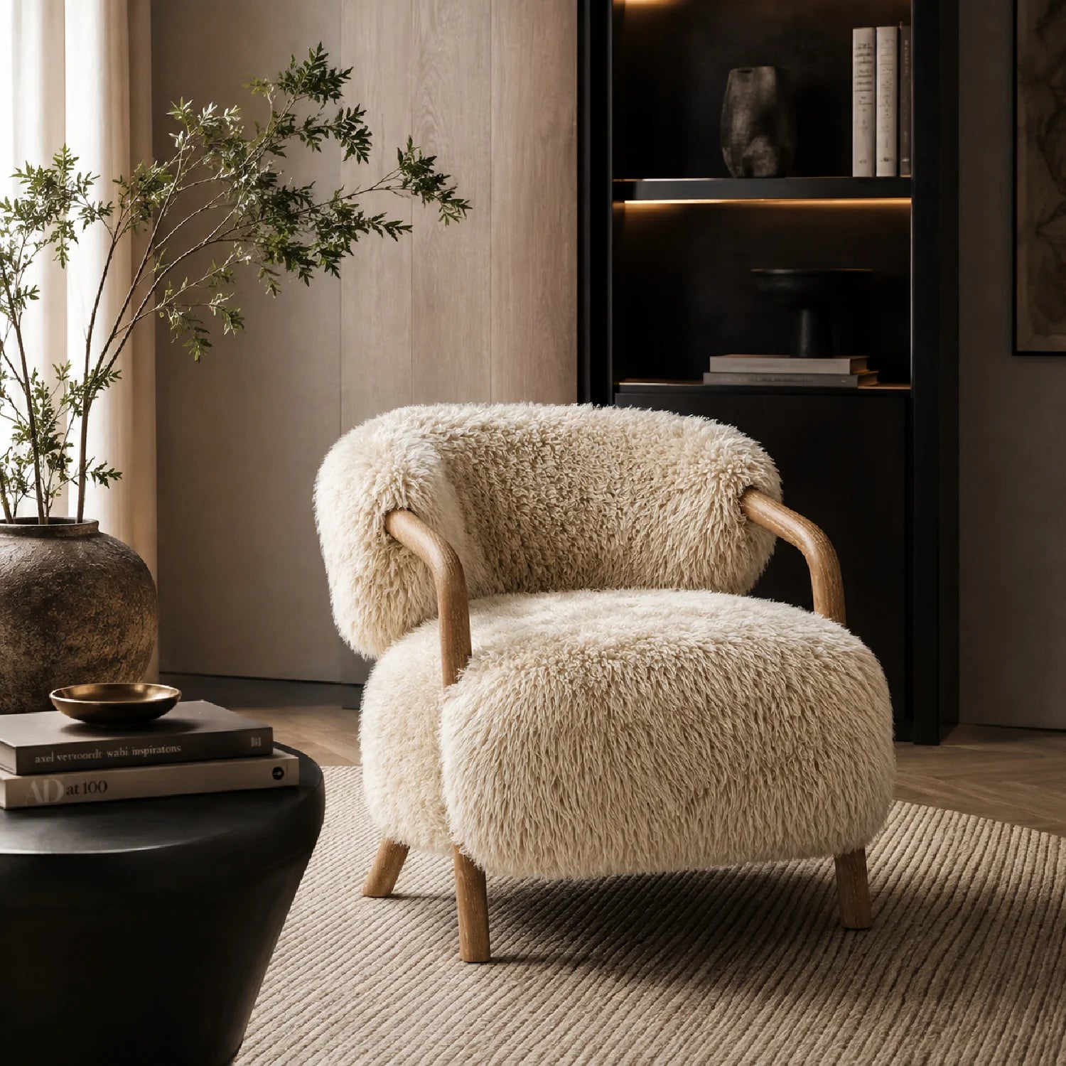 Luxury Sheepskin Oak Lounge Chair European Style for Villa