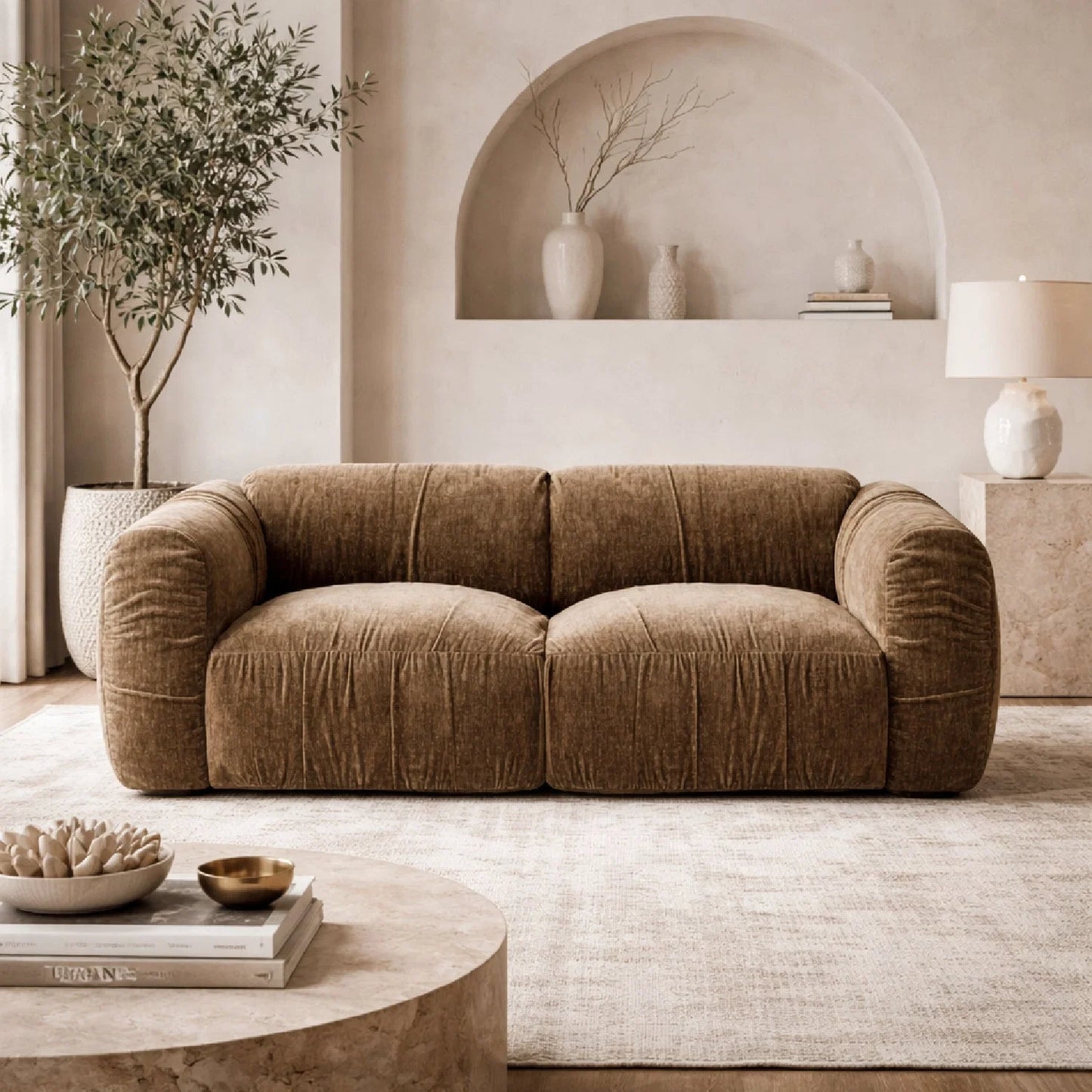 Luxury Siegal Tan Fabric Loveseat Modern Italian Style for Villa