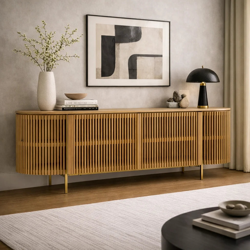 Luxury Slatted Natural Ash Sideboard European Style for Villa
