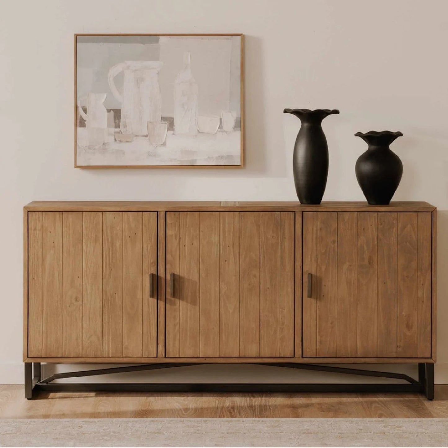 Luxury Slatted Pine 3-Door Sideboard European Style for Villa