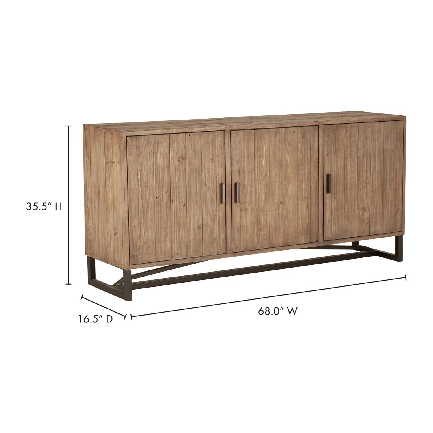 Luxury Slatted Pine 3-Door Sideboard European Style for Villa