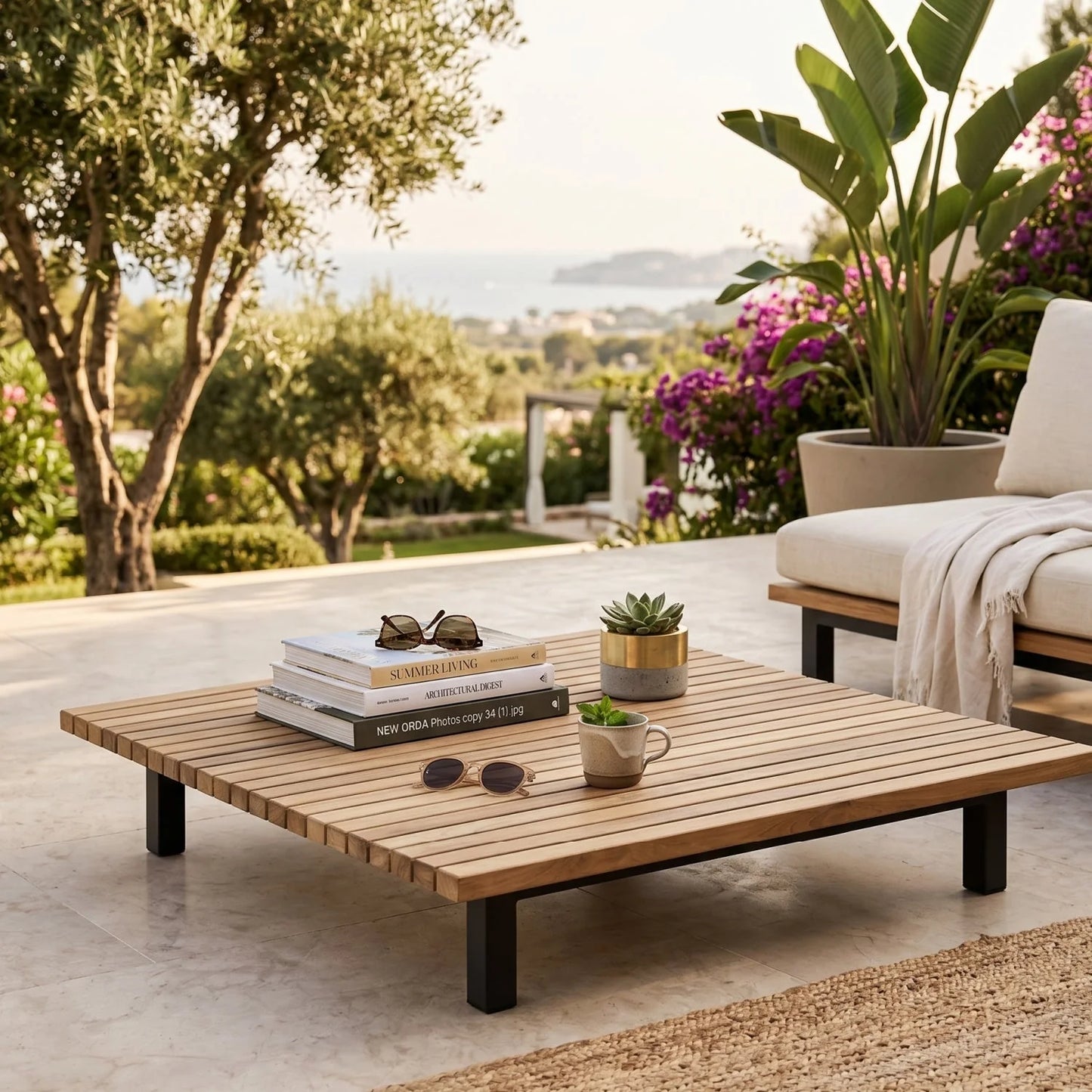 Luxury Slatted Teak Coffee Table Modern Italian Style for Villa