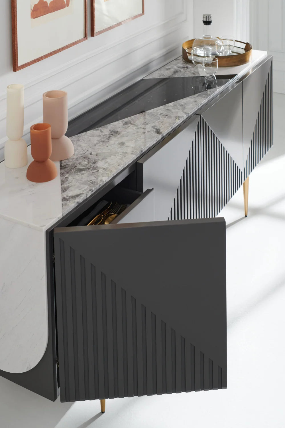 Luxury Slatted Warm Slate Stone Sideboard European Style for Villa