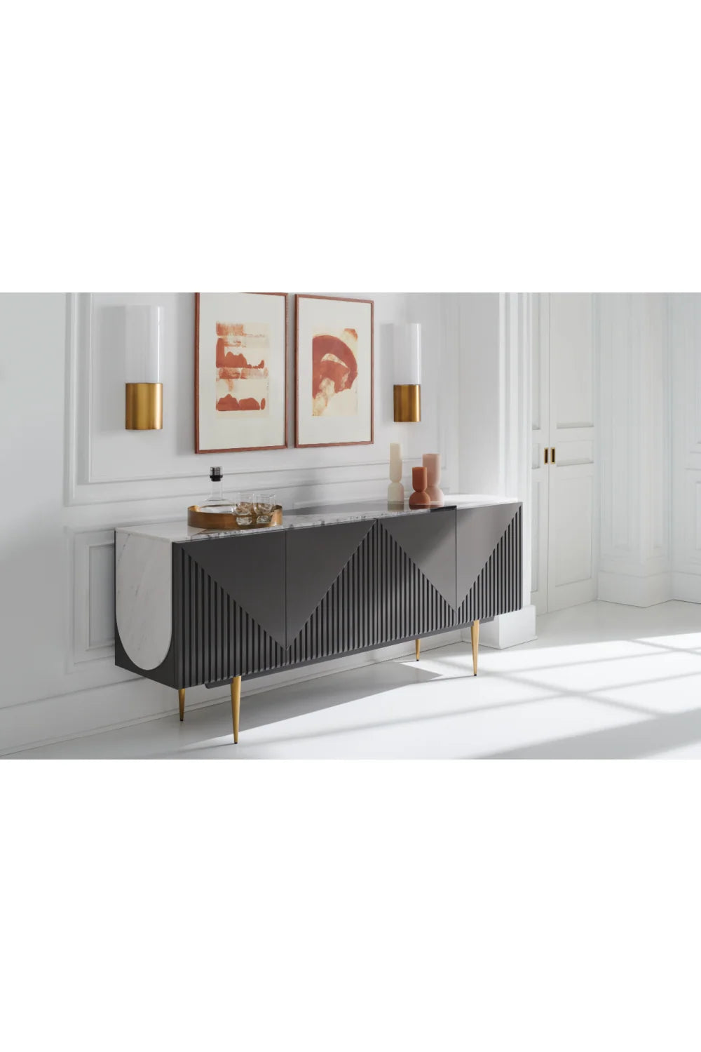Luxury Slatted Warm Slate Stone Sideboard European Style for Villa