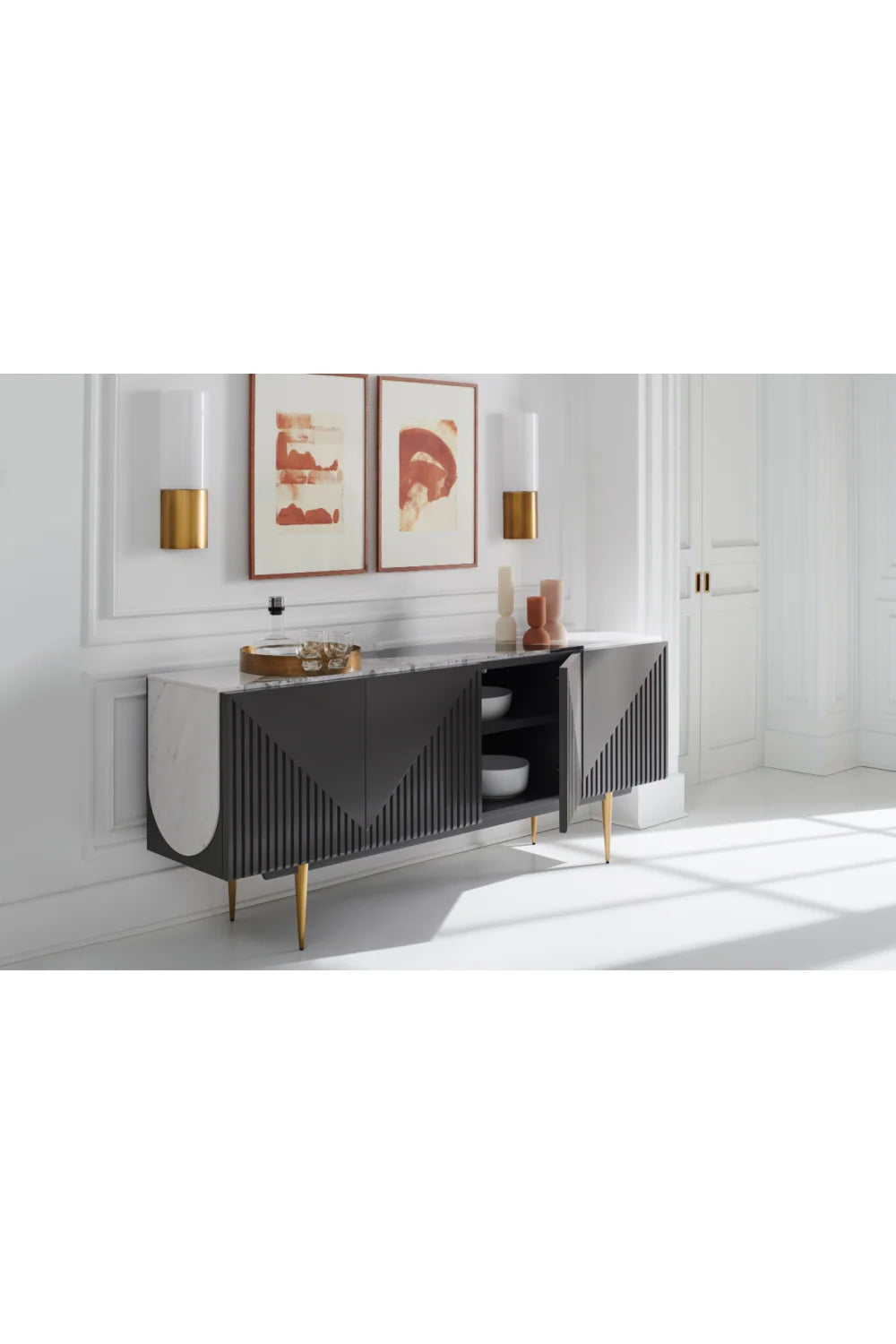 Luxury Slatted Warm Slate Stone Sideboard European Style for Villa