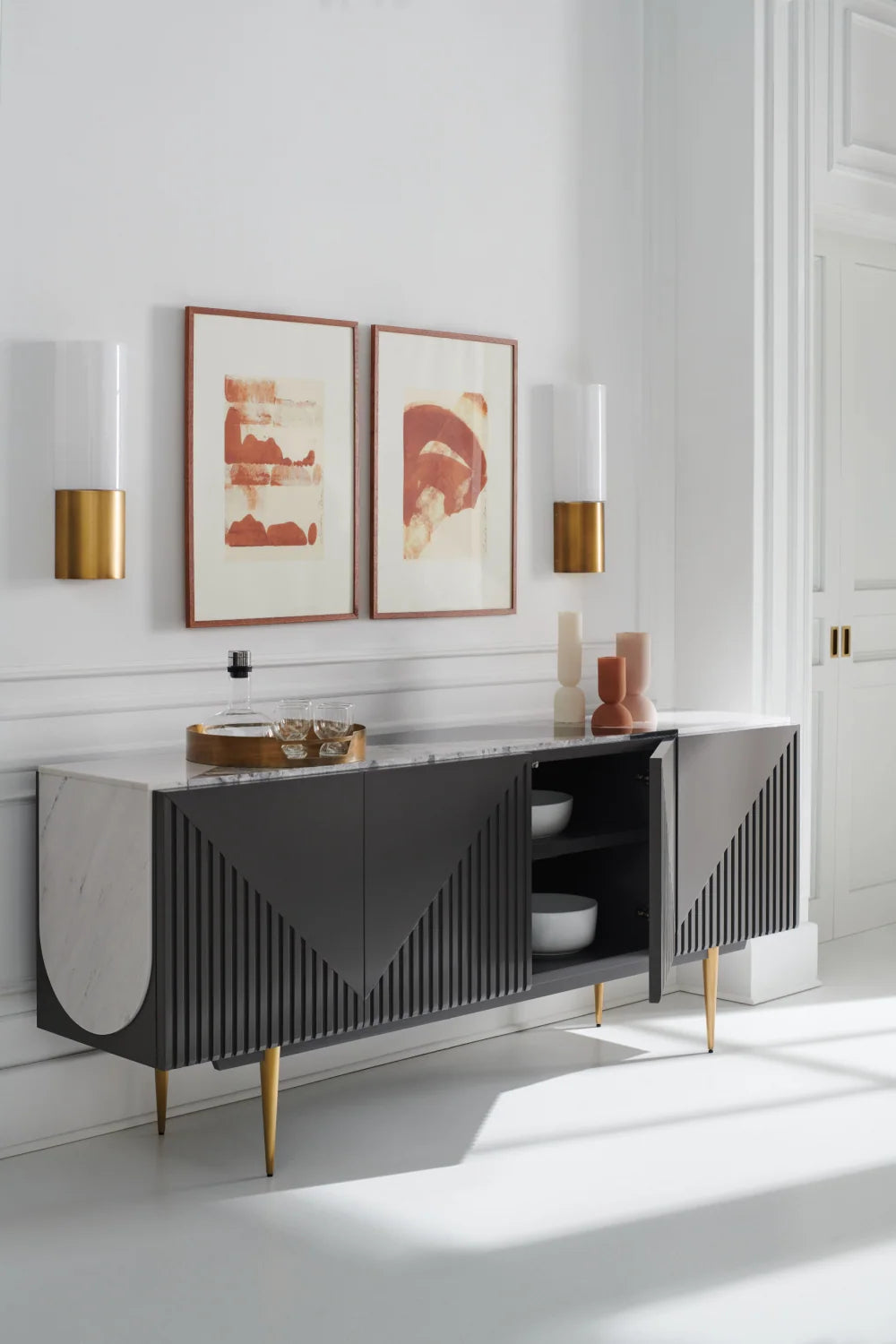 Luxury Slatted Warm Slate Stone Sideboard European Style for Villa