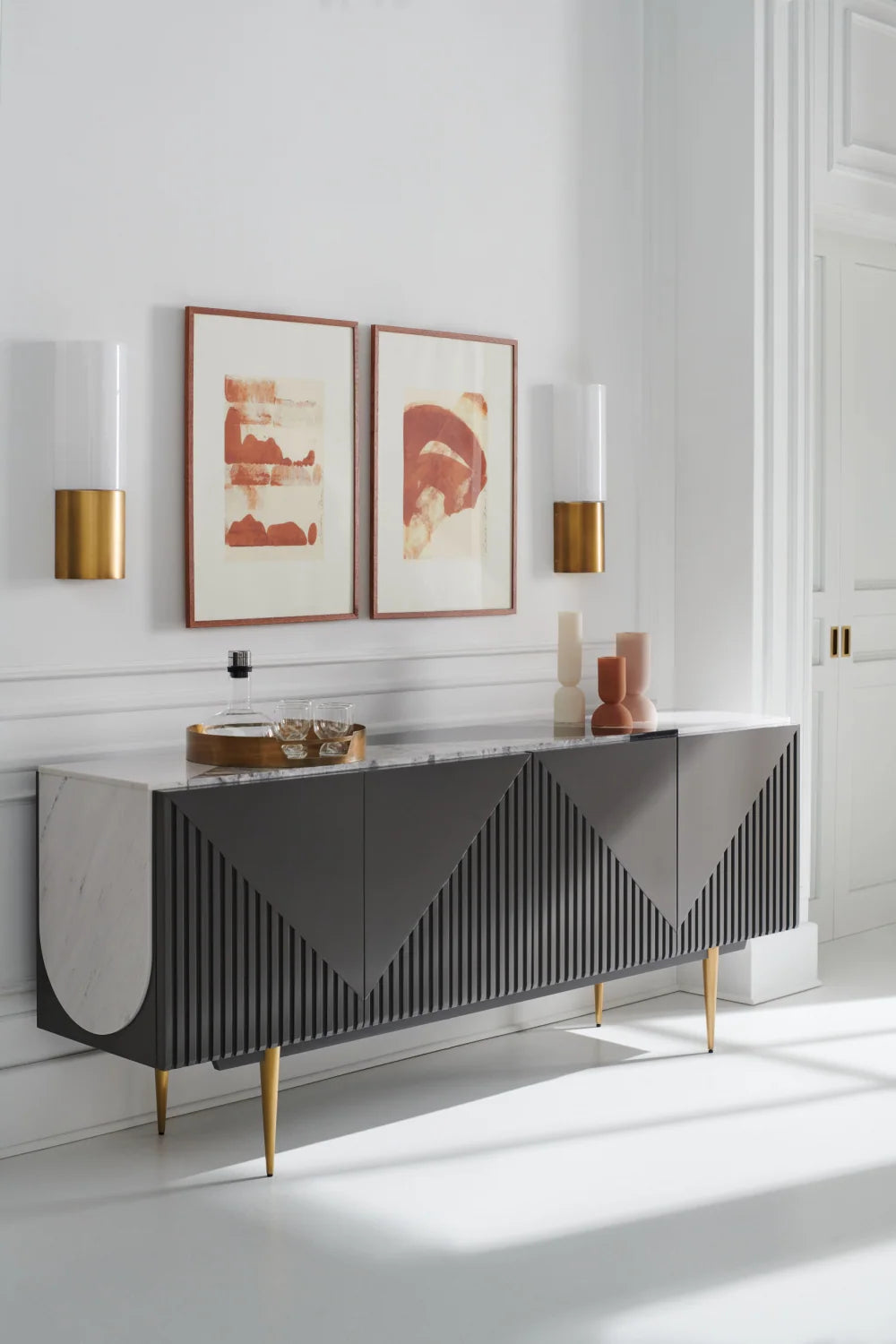 Luxury Slatted Warm Slate Stone Sideboard European Style for Villa