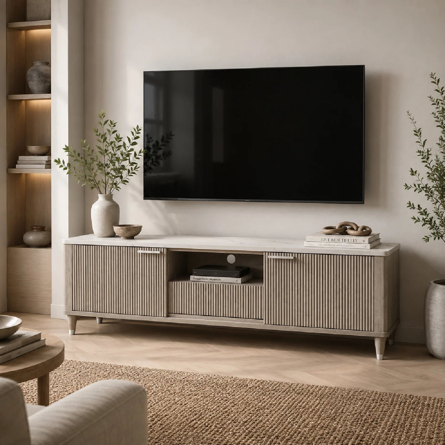 Luxury Sleek White Faux Marble TV Stand Modern Italian Style for Villa