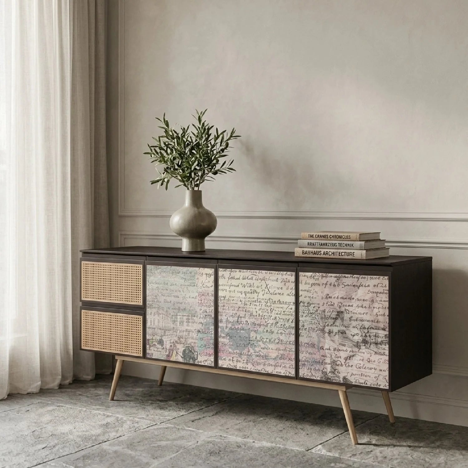 Luxury Smoked Ash 3-Door Sideboard European Style for Villa